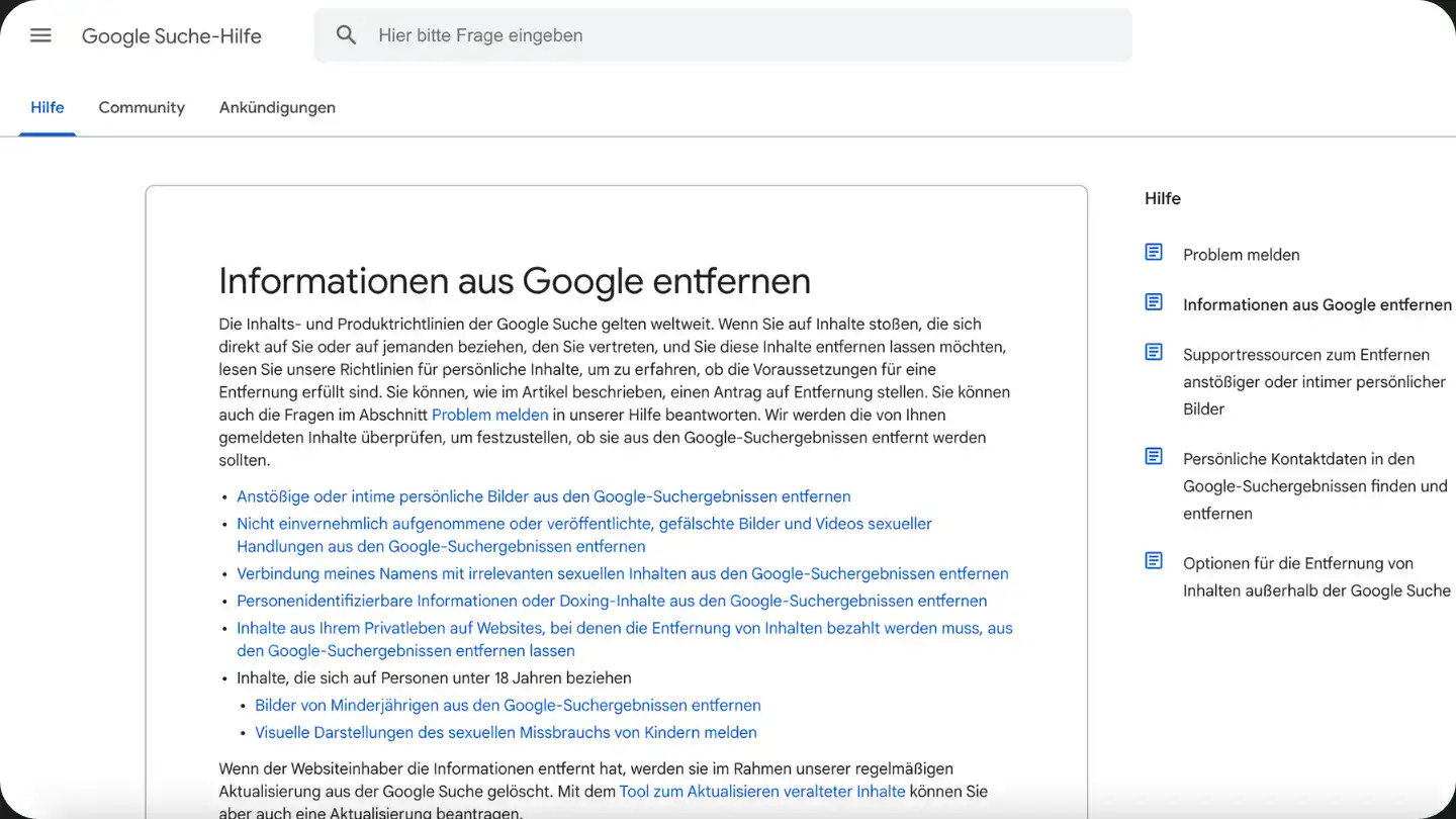 Screenshot von Google-Seite, mit diversen Links und Informationen zum Google-Löschantrag