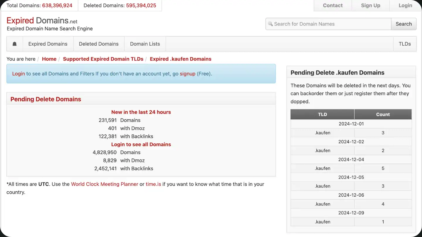 Screenshot vom Expired Domain Marktplatz expireddomains.net
