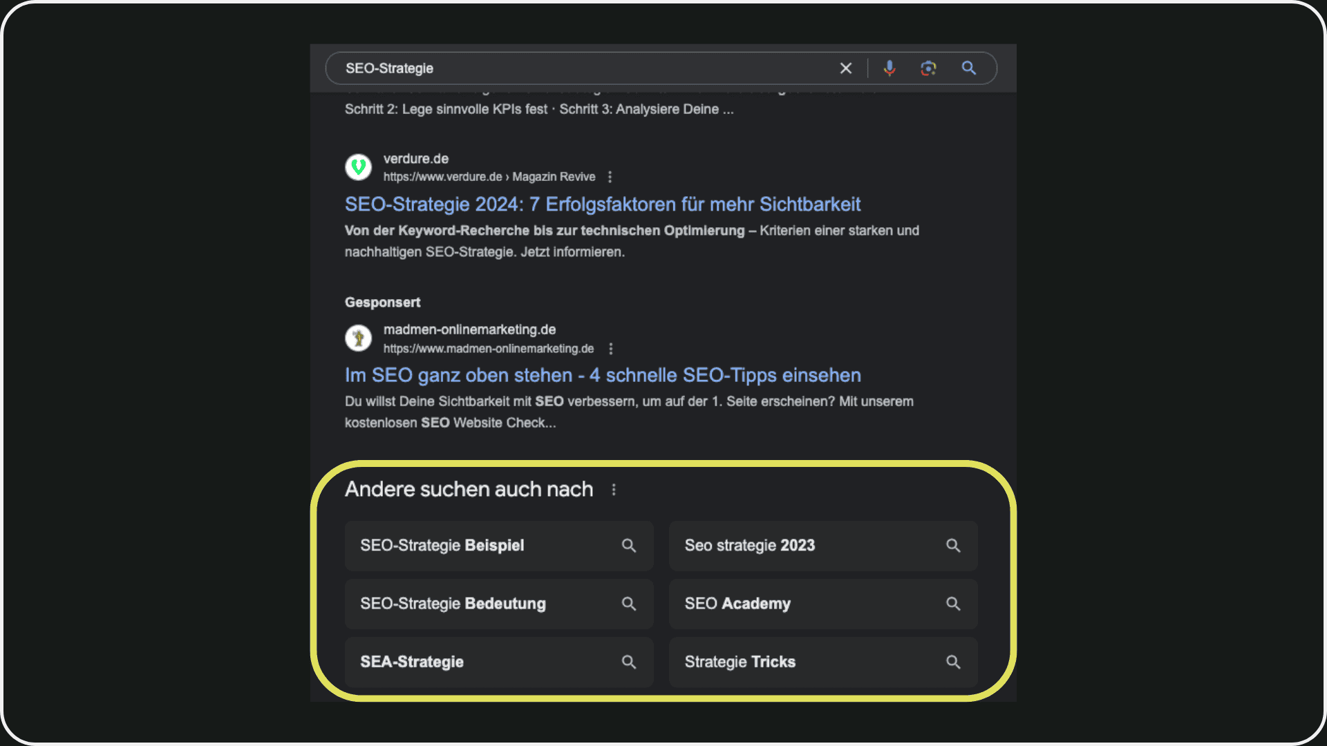 Beispiel Bild für ein Related Searches Bereich zur Suchanfrage SEO-Strategie