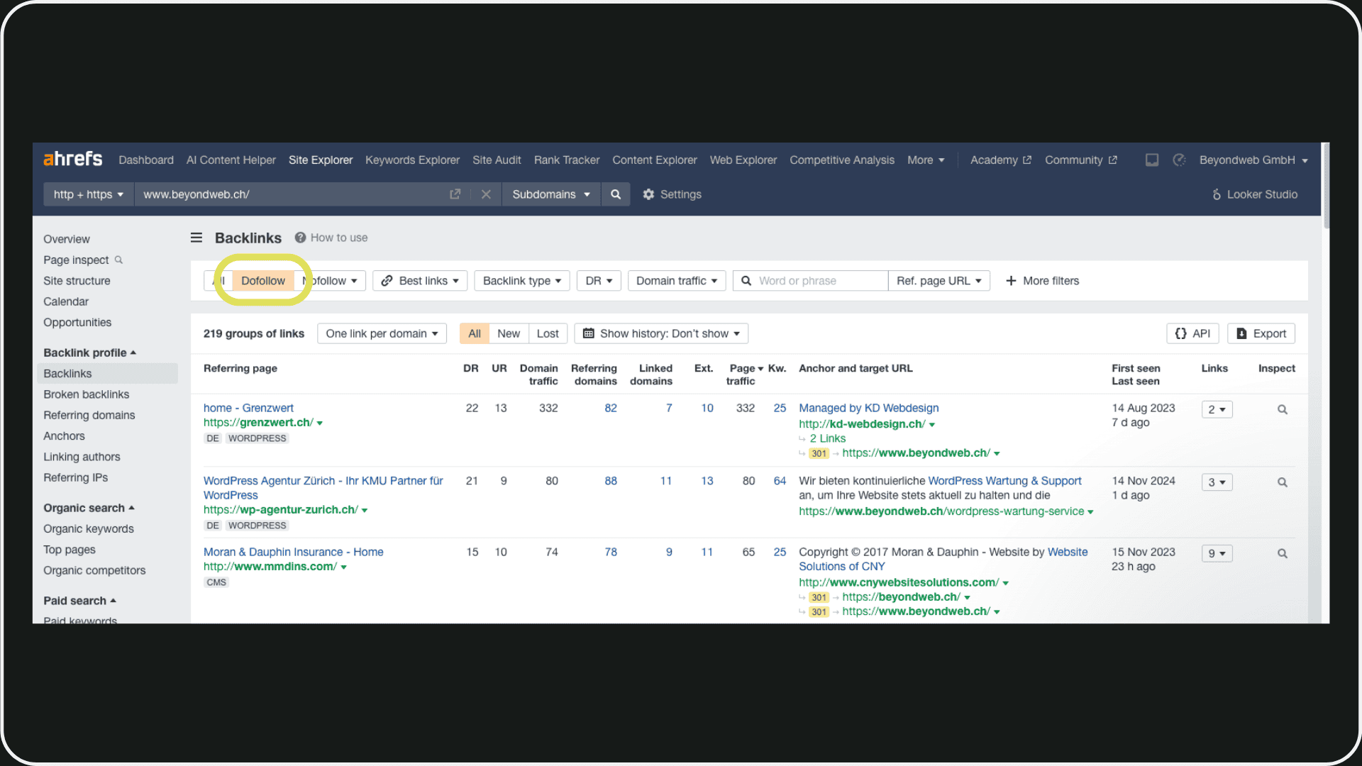 Bild, dass die Backlinks Dofollow Funktion in Ahrefs zeigt