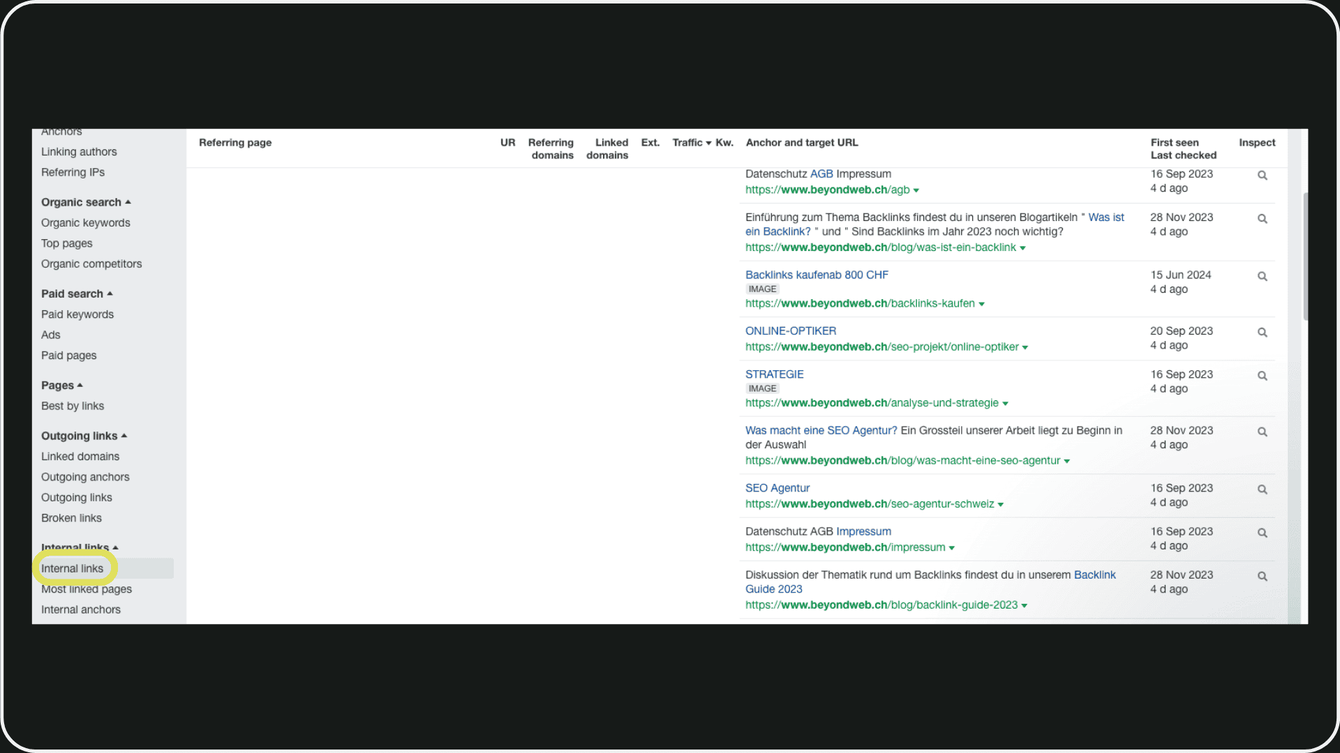 Bild, dass die Internal Links Funktion in Ahrefs zeigt