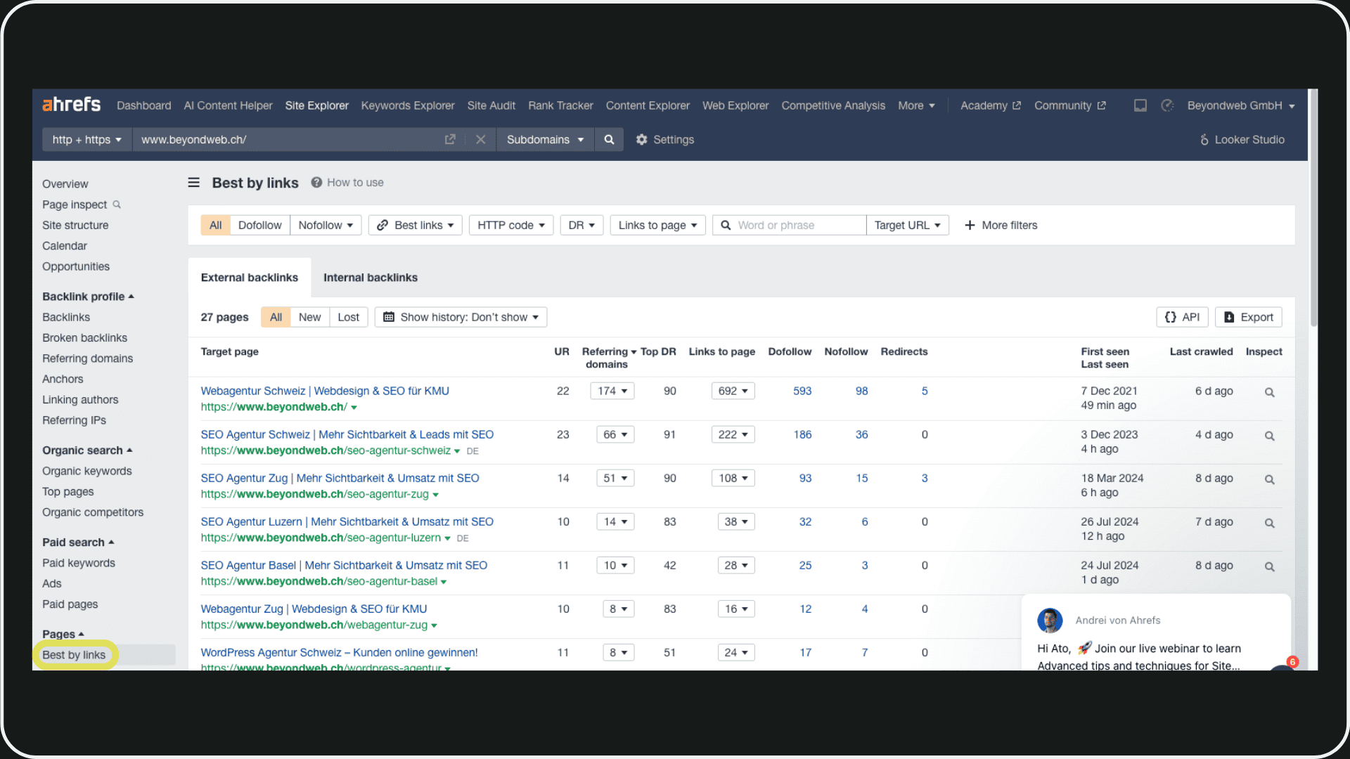 Bild, dass die Best by Links Funktion in Ahrefs zeigt