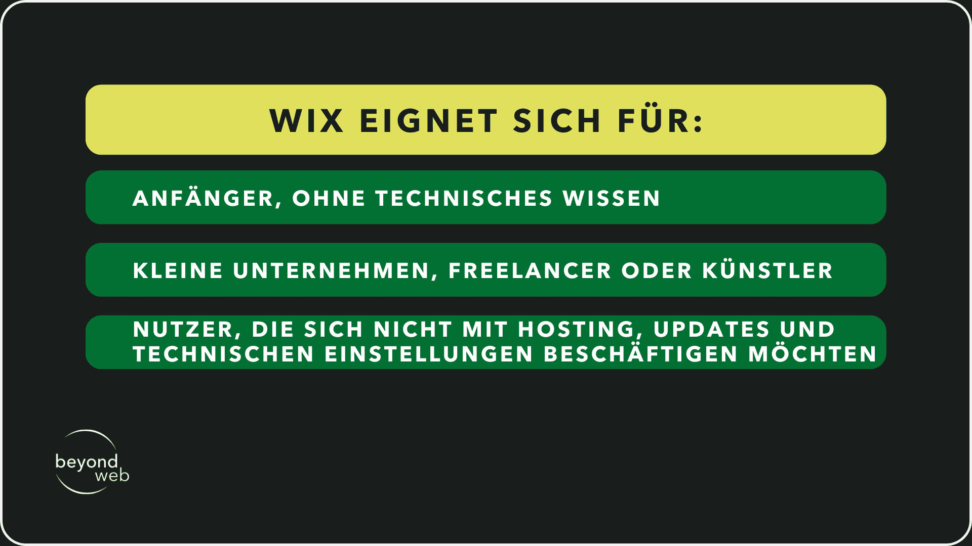 Tabelle, die aufzeigt, für wen sich Wix idealerweise eignet
