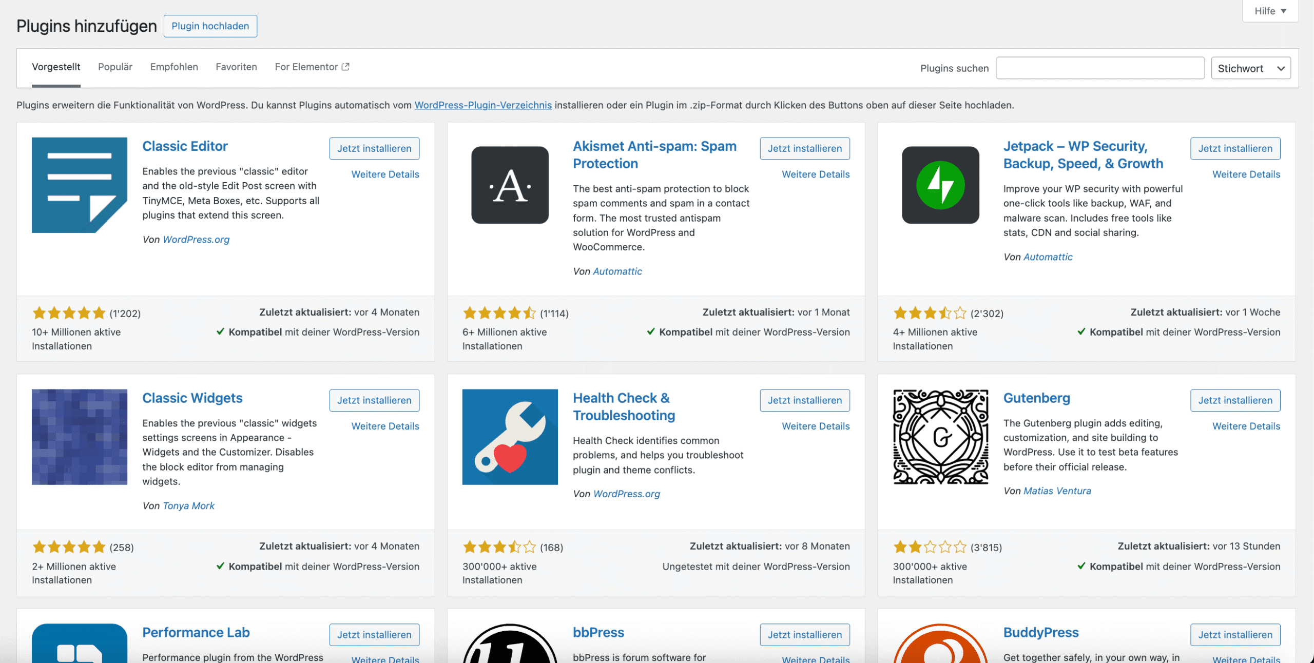 Screenshot mit dem WordPress Plugin-Store