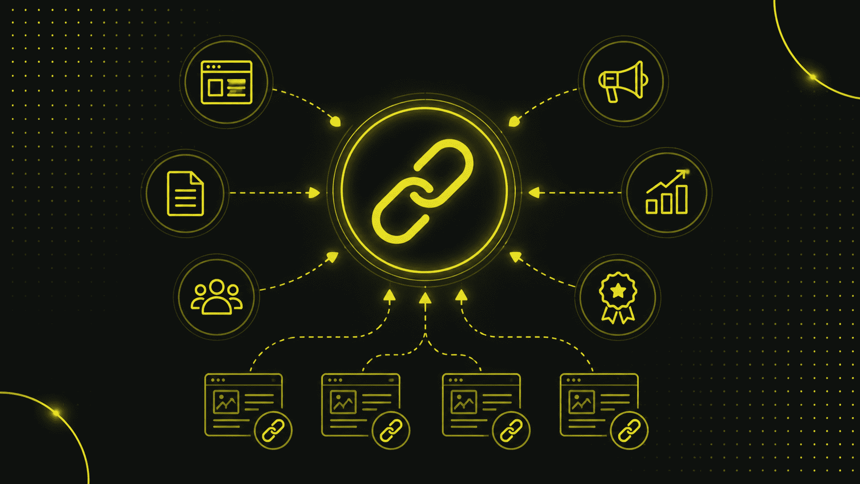 Ein zentrales Kettenglied-Symbol verbindet sich mit acht umliegenden Symbolen - Webseiten, Dokumente, Gruppen, Daten, Marketing und Erfolge - und veranschaulicht so Netzwerkverbindungen und dient als visueller Backlink-Guide.
