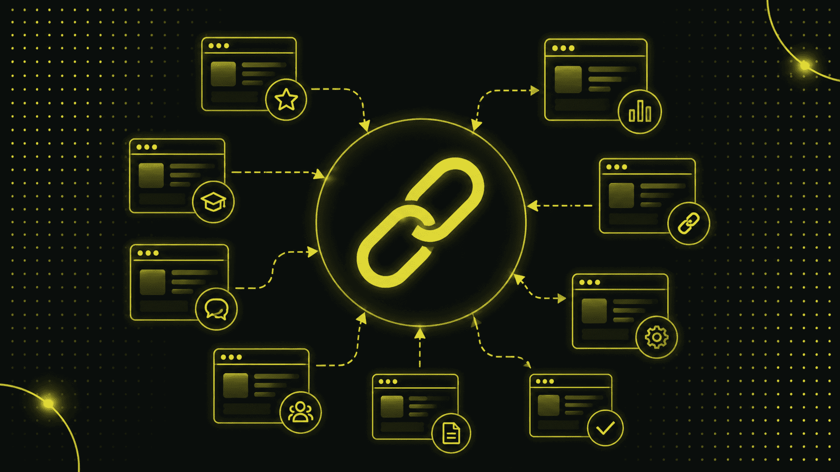 Ein leuchtendes Kettenglied-Symbol in der Mitte ist mit mehreren Webseiten-Symbolen verbunden, die symbolisieren, dass Backlinks noch wichtig sind, um Funktionen zu steuern - alles vor einem dunklen Hintergrund mit gelben Highlights.