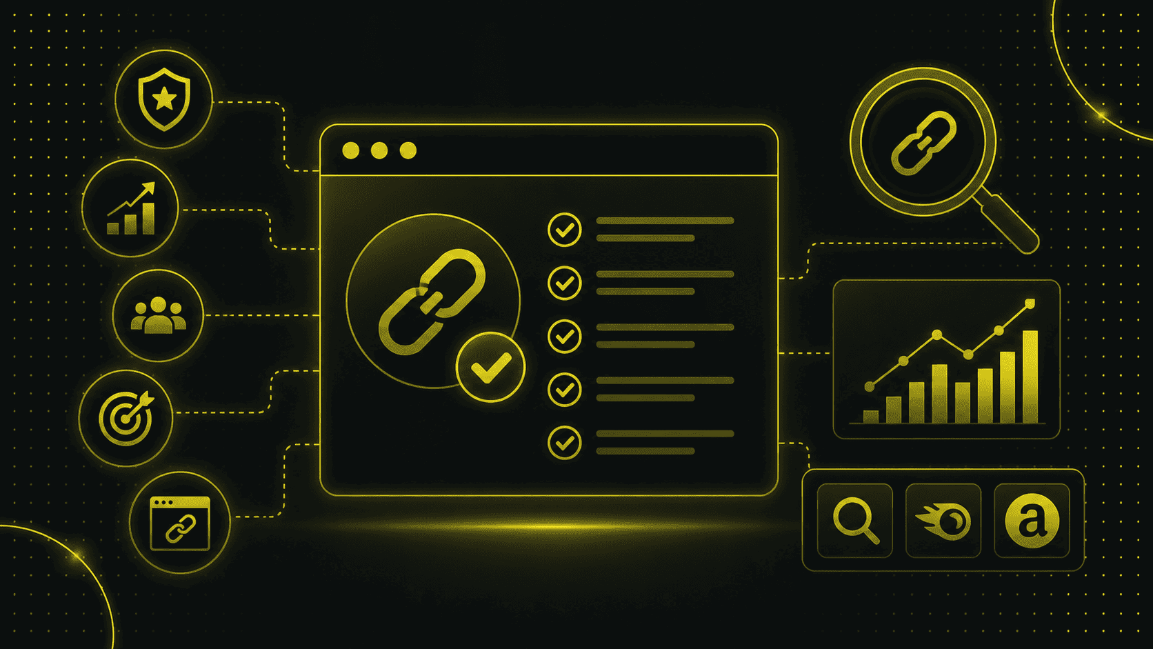 Illustration des Linkaufbaus mit einem zentralen Browserfenster, einer Checkliste und Symbolen für Sicherheit, Analyse, Ziel, Personen, Grafiken und SEO-Tools - und einer Antwort auf die Frage: Woran erkenne ich gute Backlinks? Alles auf einem dunklen Hintergrund mit gelben Highlights.