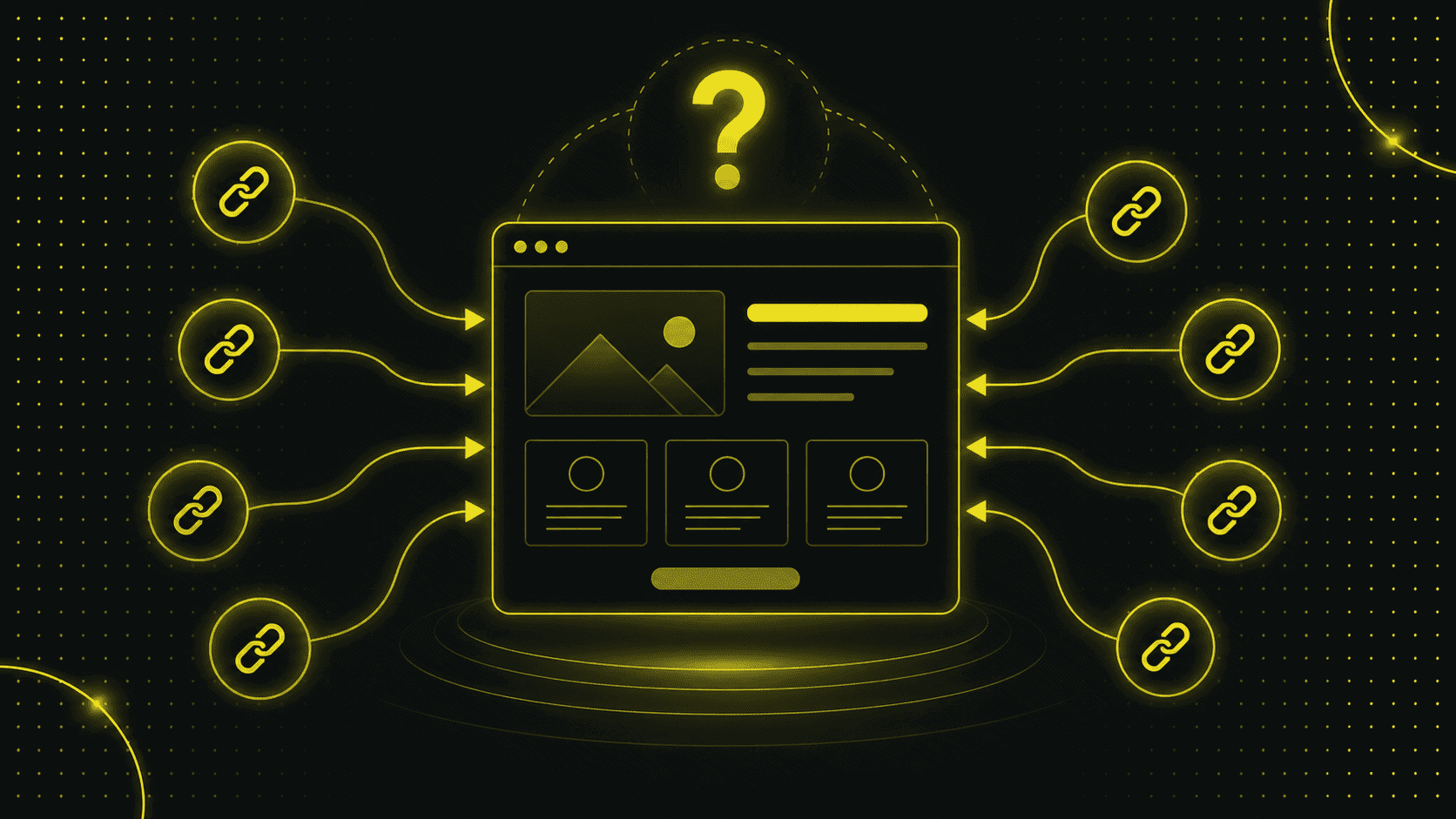 Illustration einer Webseite mit mehreren Link-Symbolen, die auf sie zeigen, was das Konzept der eingehenden Links andeutet und die Frage aufwirft: Wie viele Backlinks benötigt man?.