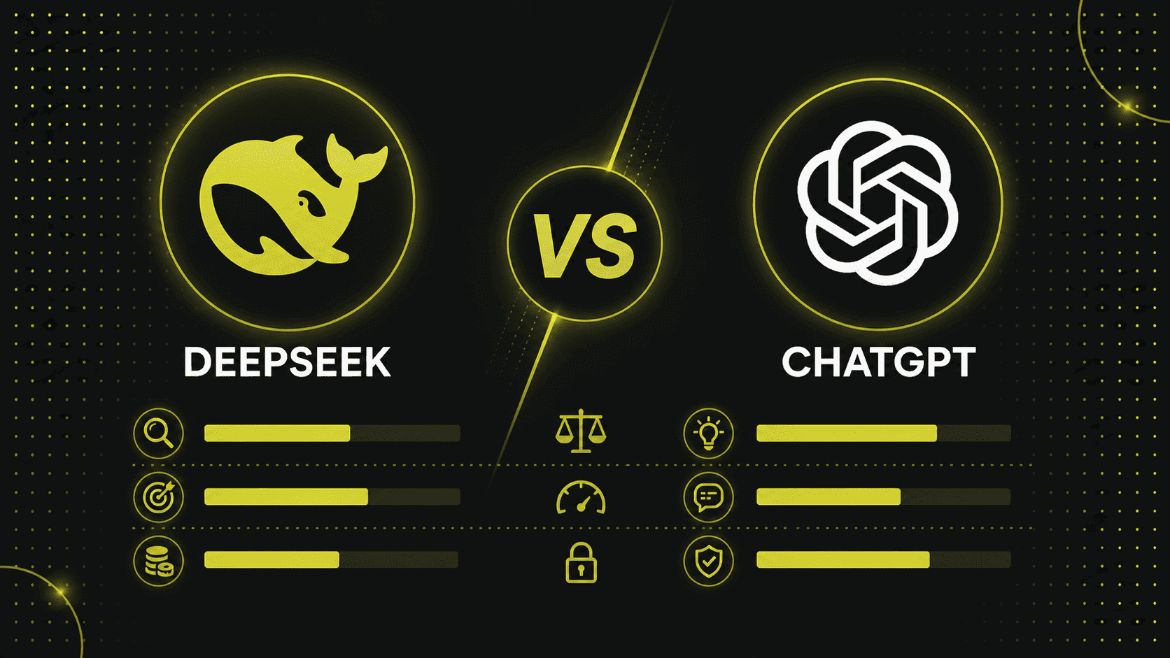 Eine Vergleichsgrafik von Deepseek und ChatGPT mit Symbolen und Balkendiagrammen für Funktionen wie Suche, Argumentation, Kreativität, Information, Sicherheit und Datenschutz - sehen Sie, wie Deepseek in diesen Schlüsselbereichen abschneidet.