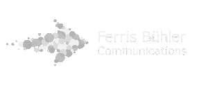 Logo für Ferris Bühler Communications mit einem nach links zeigenden Pfeil aus unterschiedlich großen Kreisen, rechts neben dem Pfeil steht auf dunklem Hintergrund der Firmenname.