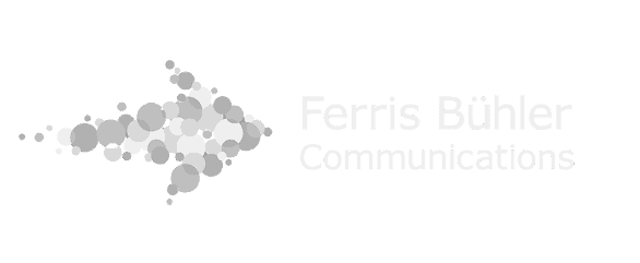 Logo für Ferris Bühler Communications mit einem nach links zeigenden Pfeil aus unterschiedlich großen Kreisen, rechts neben dem Pfeil steht auf dunklem Hintergrund der Firmenname.