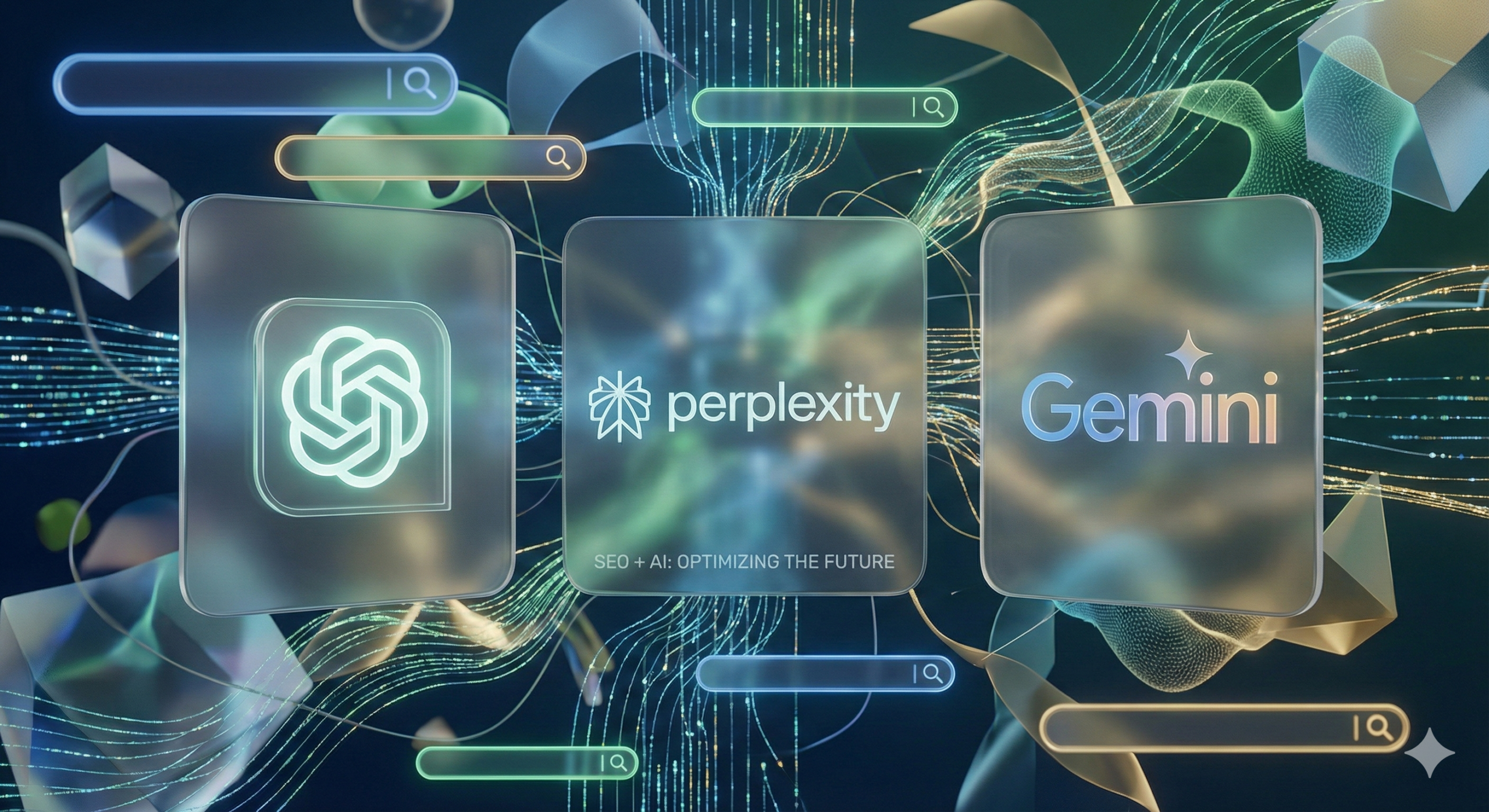 Die Logos von OpenAI, Perplexity und Gemini werden auf einem digitalen Hintergrund mit fließenden Linien und Suchsymbolen dargestellt und illustrieren die KI-gestützte Suchtechnologie, die von genz ki studie Trends inspiriert ist.