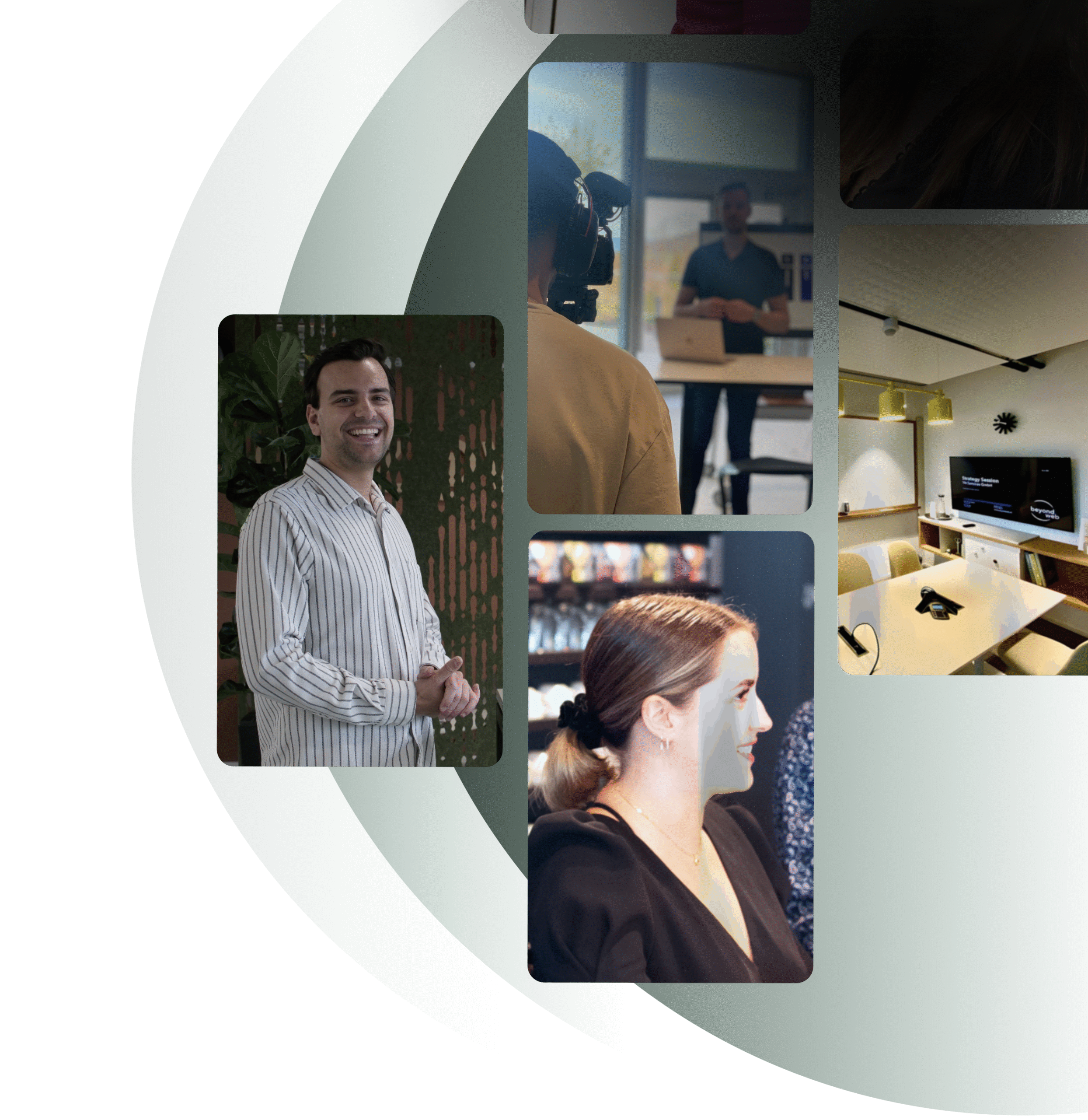 Eine Collage aus vier Bildern, die Menschen in professionellen Umgebungen und einen modernen Konferenzraum mit einem Präsentationsbildschirm zeigen.
