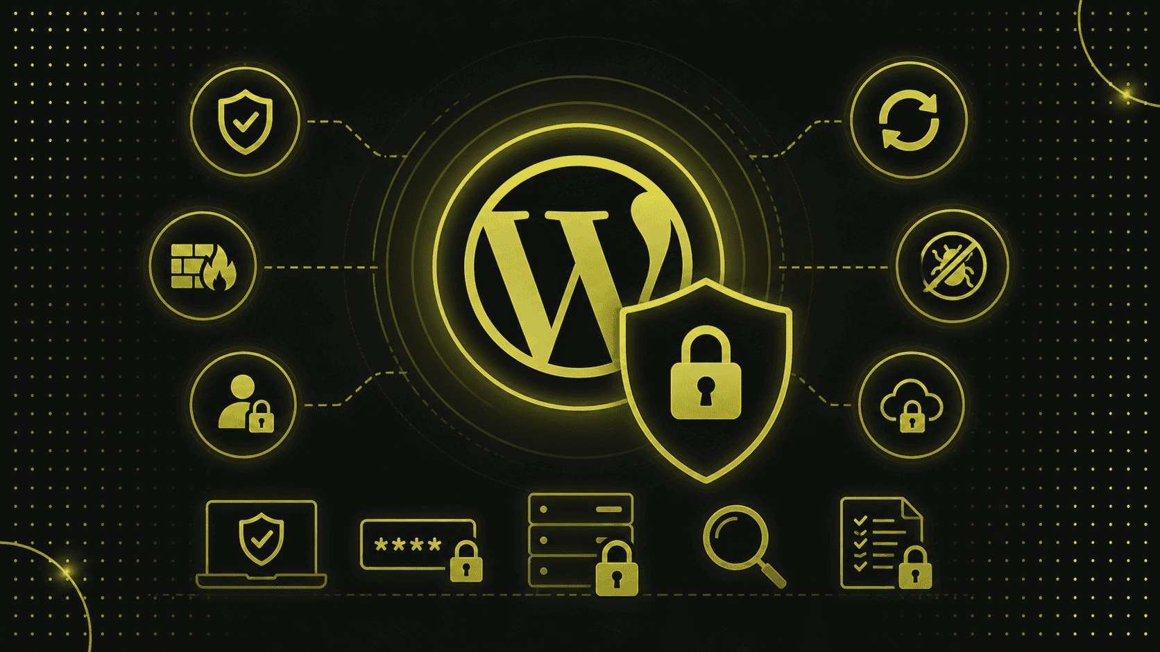 WordPress-Logo in der Mitte, umgeben von Sicherheits- und Schutzsymbolen - Schild, Schloss, Wolke, Update und Benutzersymbole - auf dunklem Hintergrund mit gelben Akzenten, die die Frage betonen: Ist WordPress sicher?.