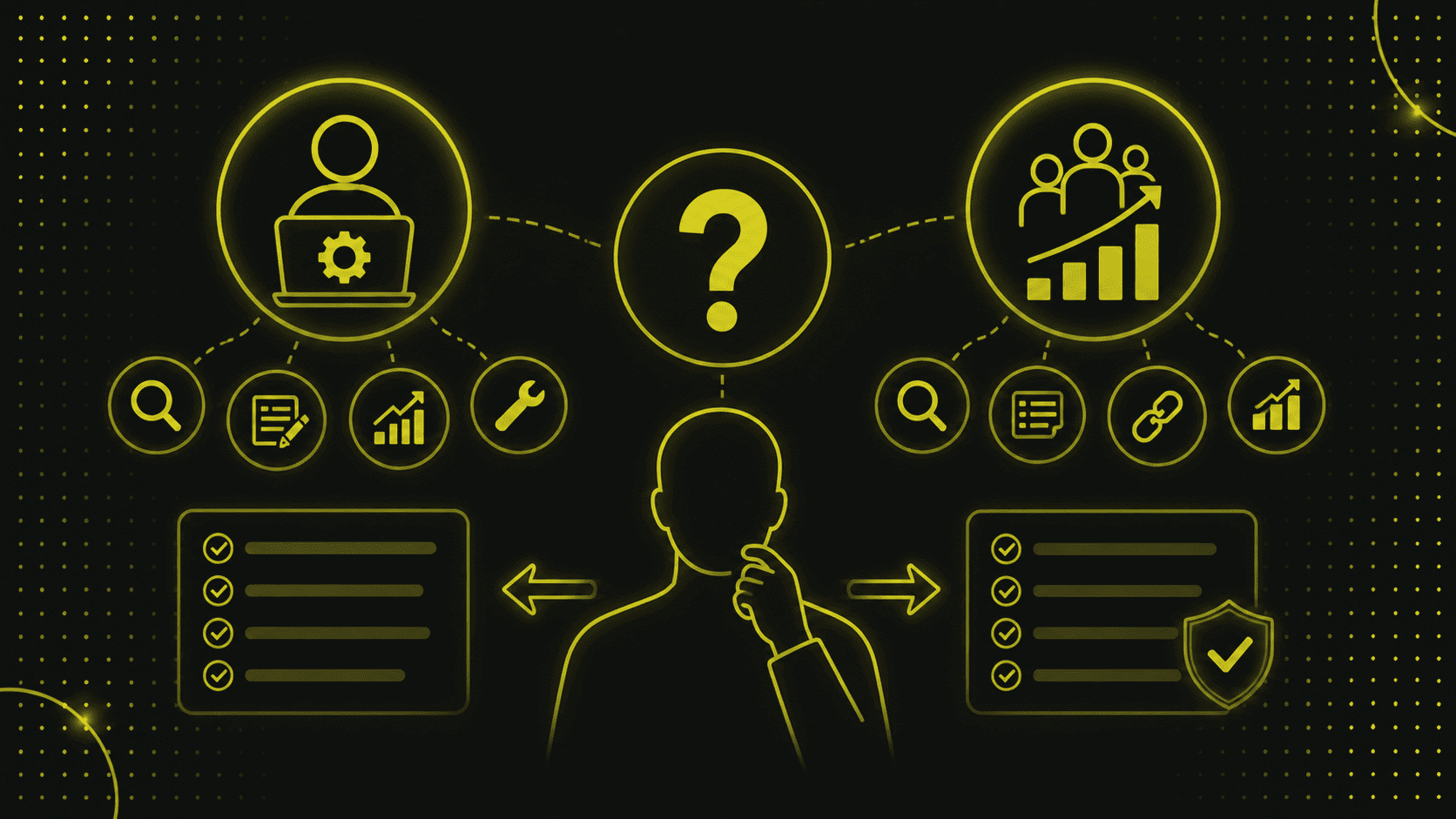 Eine Person steht zwischen Symbolen, die für Entscheidungsfindung, Datenanalyse und Sicherheit stehen, mit einem Fragezeichen in der Mitte, das auf eine Entscheidung oder Bewertung hindeutet, z. B. ob man SEO selbst machen kann.
