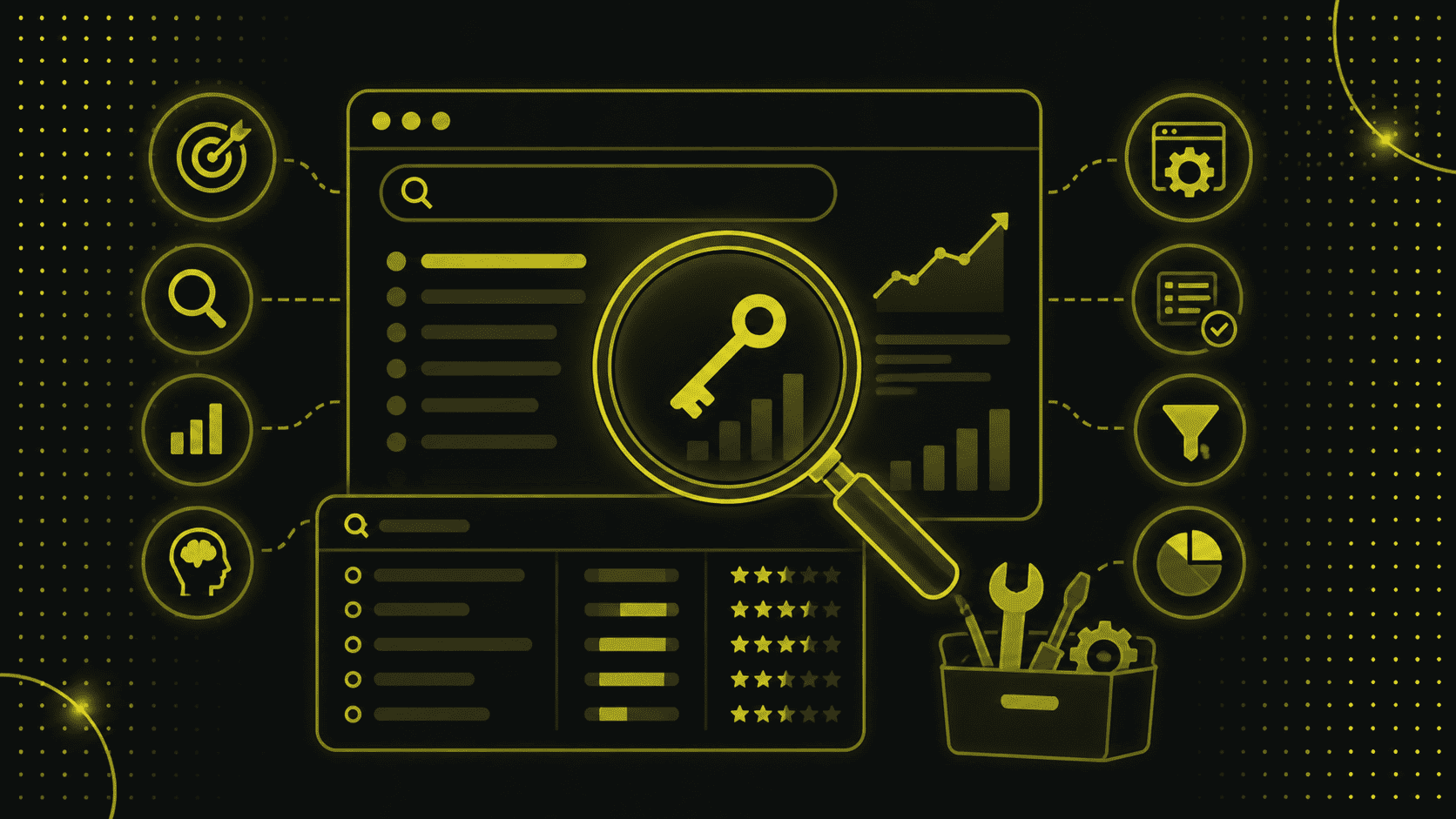 Illustration eines digitalen Dashboards mit einem Vergrößerungsglas über einer Taste, Graphen, Diagrammen, Einstellungen und Werkzeugsymbolen, die Datenanalyse und Keyword-Recherche-Anleitung für Suchoptimierungskonzepte darstellen.