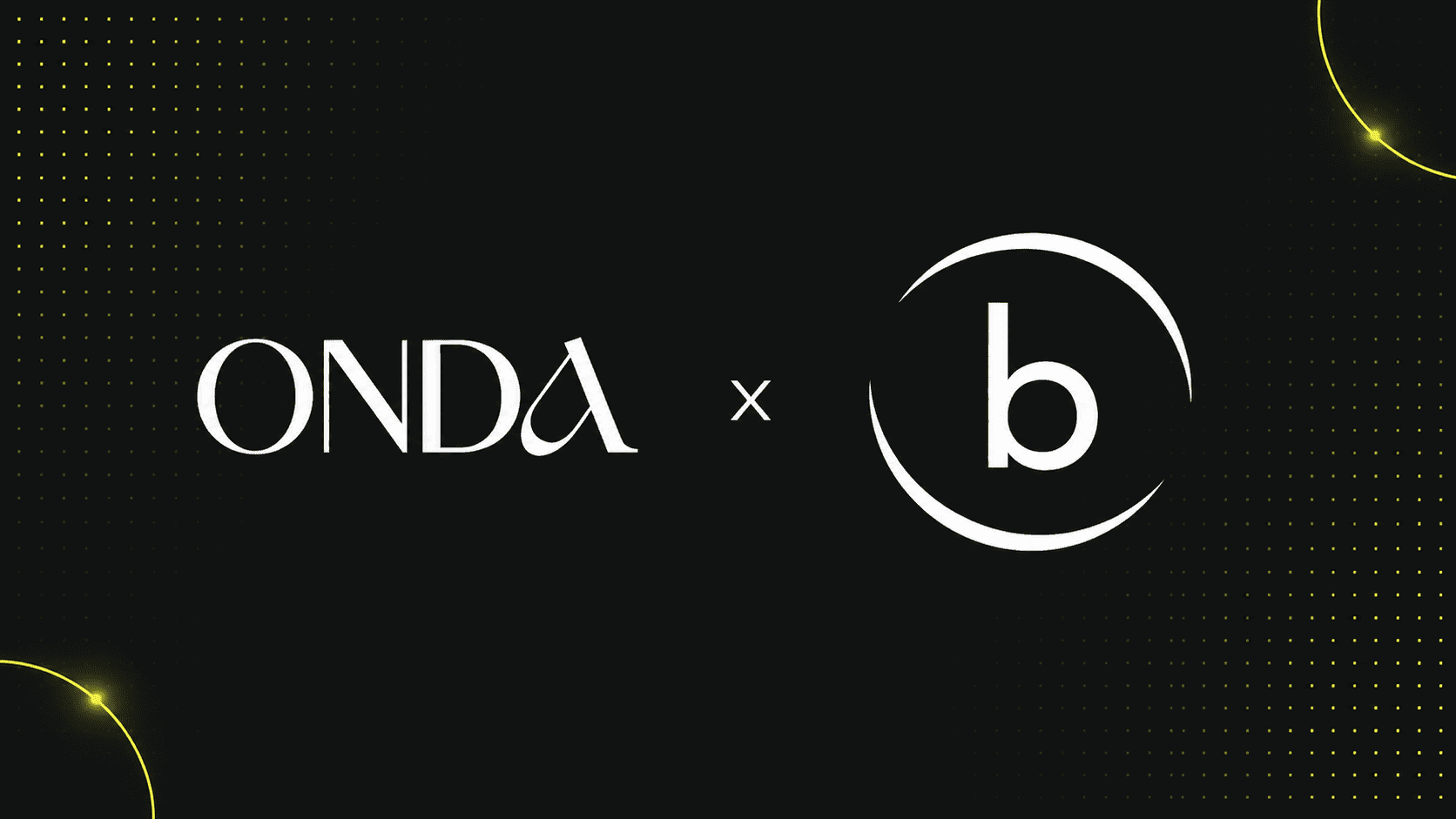 ONDA-Logo und ein stilisiertes "b"-Logo, getrennt durch ein "x", auf schwarzem Hintergrund mit gelben Punkten und hellen Akzenten.