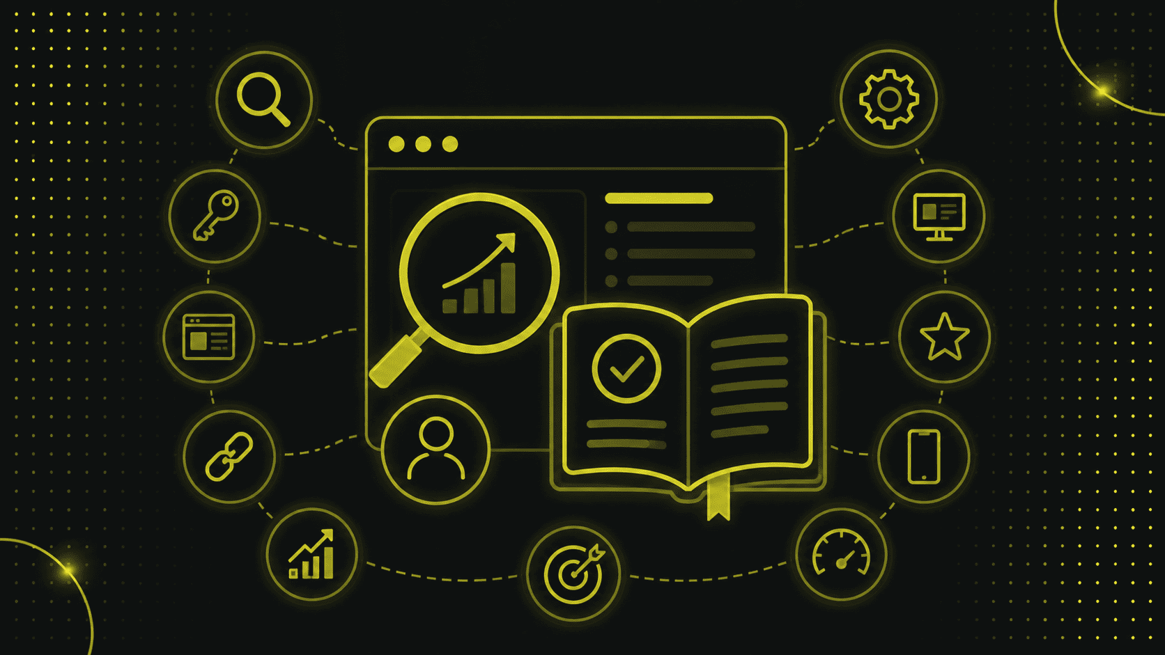 Illustration einer Webseite mit einem Vergrößerungsglas, einem aufgeschlagenen Buch und miteinander verbundenen Symbolen auf einem dunklen Hintergrund, die digitale Marketingkonzepte und einen SEO-Leitfaden visuell darstellen.