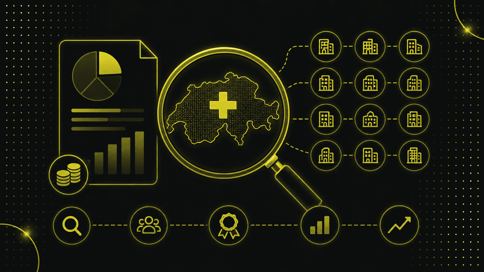 Eine digitale Grafik veranschaulicht die Analyse der SEO-Kosten: ein Bericht, eine Lupe über einer Karte mit einem Kreuz und miteinander verbundene Gebäudesymbole symbolisieren Dateneinblicke und die Organisationsstruktur beim Verständnis der Kosten von SEO.