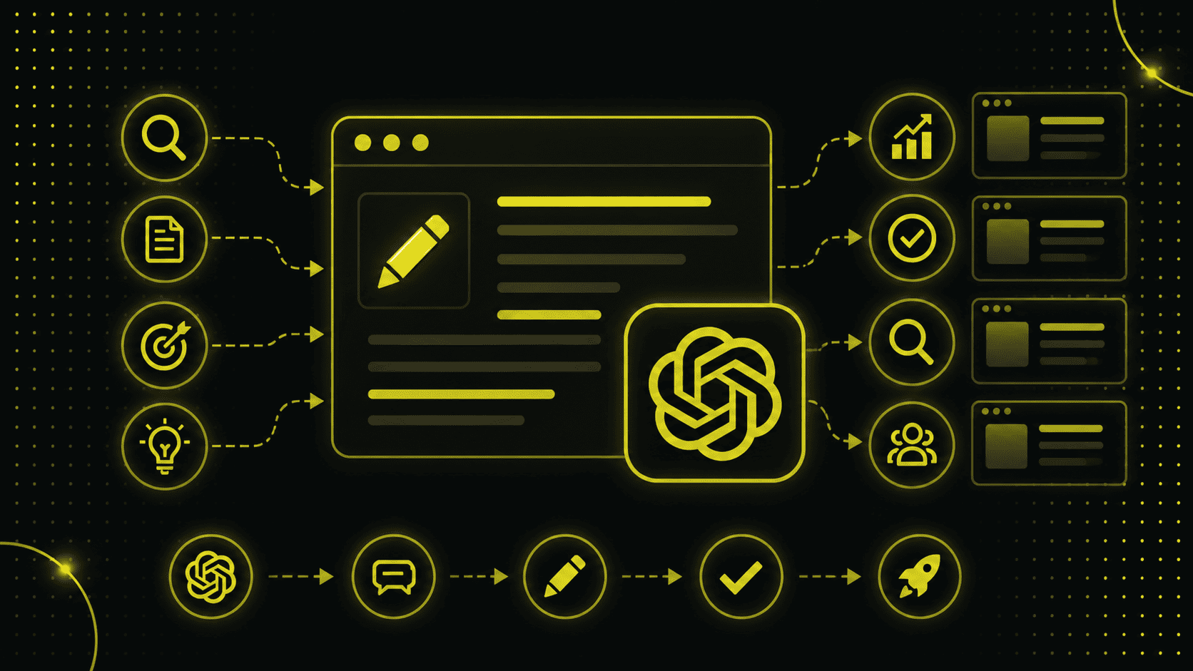 Ein digitales Flussdiagramm zeigt ein zentrales Browserfenster mit dem OpenAI-Logo, umgeben von Symbolen, die SEO-Texte mit ChatGPT schreiben, Suche, Analyse, Ziele, Ideen, Schreiben, Chat und Wachstum darstellen.