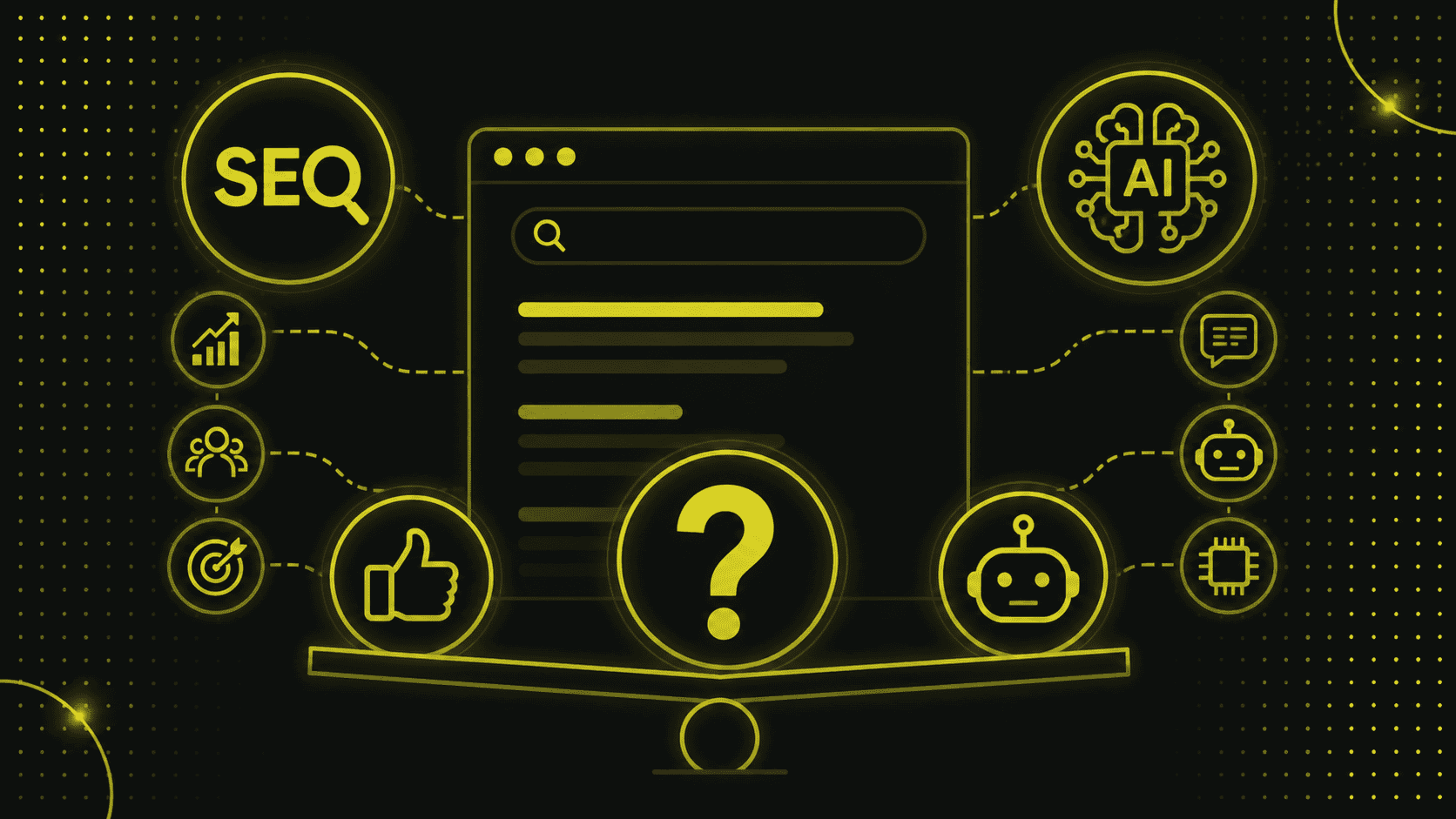 Illustration einer auf einer Skala ausbalancierten Suchoberfläche, umgeben von Symbolen für SEO, KI, Analytik, Chatbots, Messaging und digitales Marketing - eine visuelle Auseinandersetzung mit der Frage: Lohnt sich SEO noch in der heutigen digitalen Landschaft?.