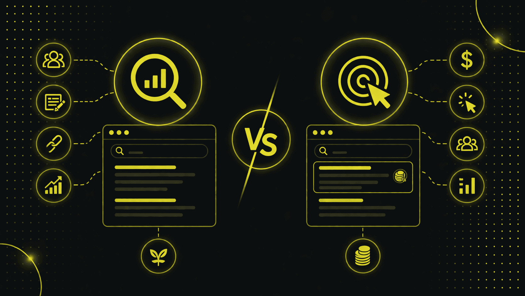 Eine Grafik zum Vergleich von SEO- und Sea-Strategien mit Symbolen für Analyse, Suche und Ergebnisse, getrennt durch ein "VS" in der Mitte, alle gelb umrandet auf einem dunklen Hintergrund.
