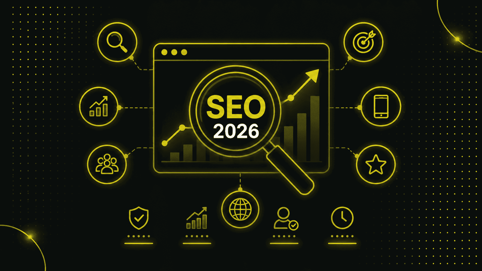 Eine digitale Illustration, die "SEO 2026" in einem Browser-Fenster mit Datensymbolen zeigt, die Suche, Analyse, Nutzer, Mobilgeräte und andere verwandte Elemente darstellen - alles in Gelb auf dunklem Hintergrund, um hervorzuheben, warum SEO wichtig bleibt.
