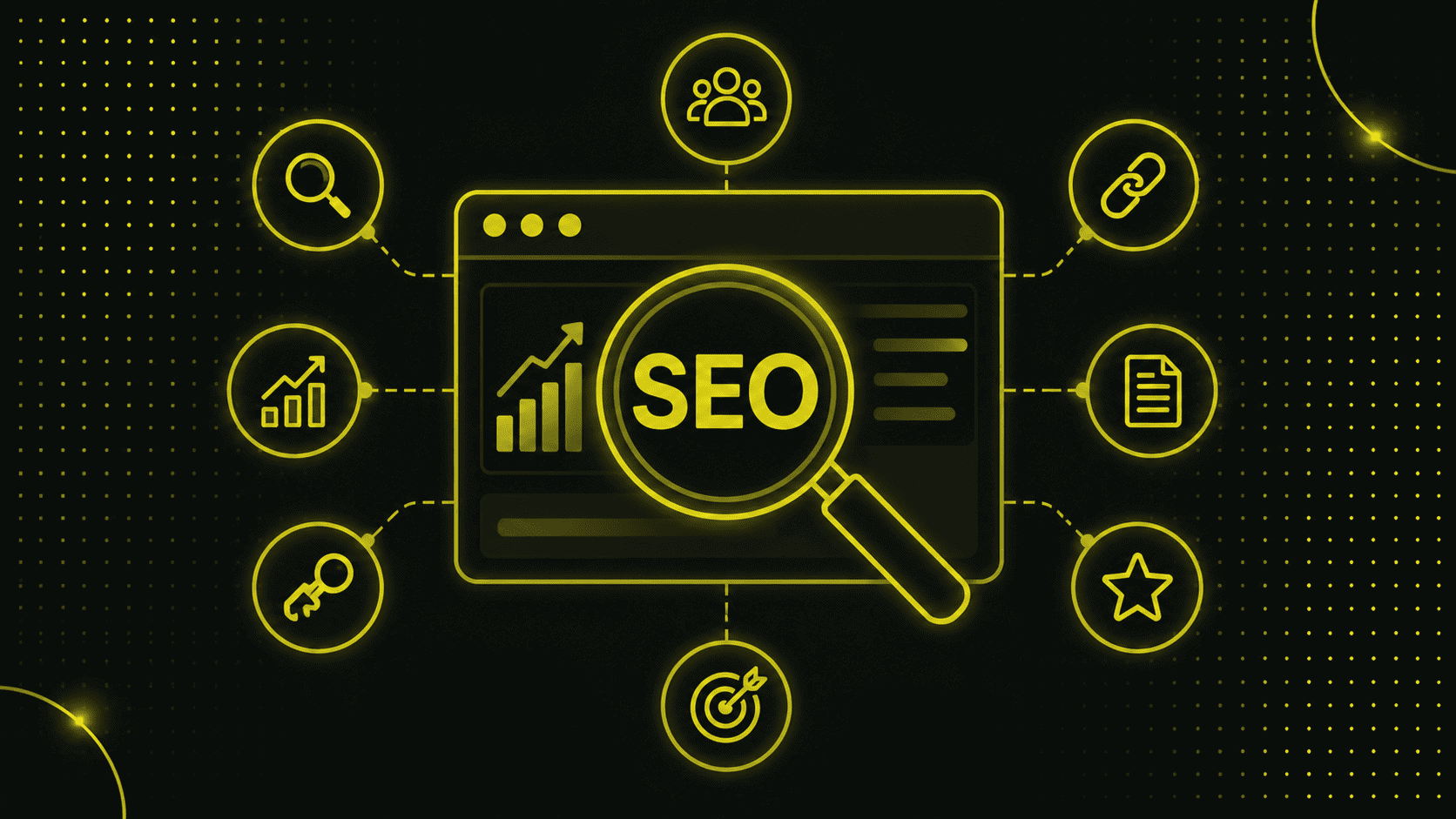 Illustration eines SEO-Konzepts mit einer Lupe über dem Wort "SEO" auf einer Webseite, umgeben von Symbolen, die Analysen, Schlüsselwörter, Links und verwandte Elemente darstellen - perfekt, um zu erklären, was SEO visuell ist.