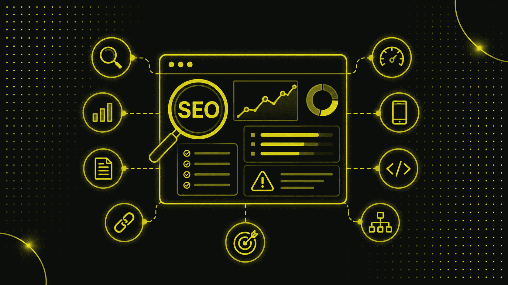 Illustration eines SEO-Dashboards, umgeben von Icons, die Elemente wie Analyse, Geschwindigkeit, Mobile, Code, Sitemap und mehr symbolisieren - eine visuelle Antwort auf "Was ist eine SEO Analyse" in leuchtendem Gelb auf schwarzem Hintergrund.