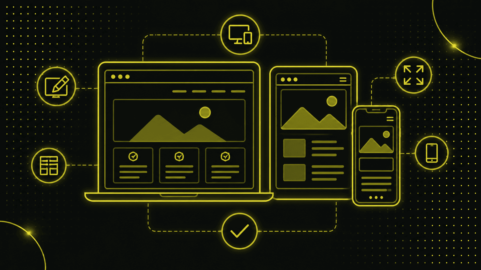Gelb umrandete Illustrationen eines Laptops, Tablets und Smartphones zeigen Responsive Design-Website-Layouts, umgeben von digitalen Symbolen auf schwarzem Hintergrund.