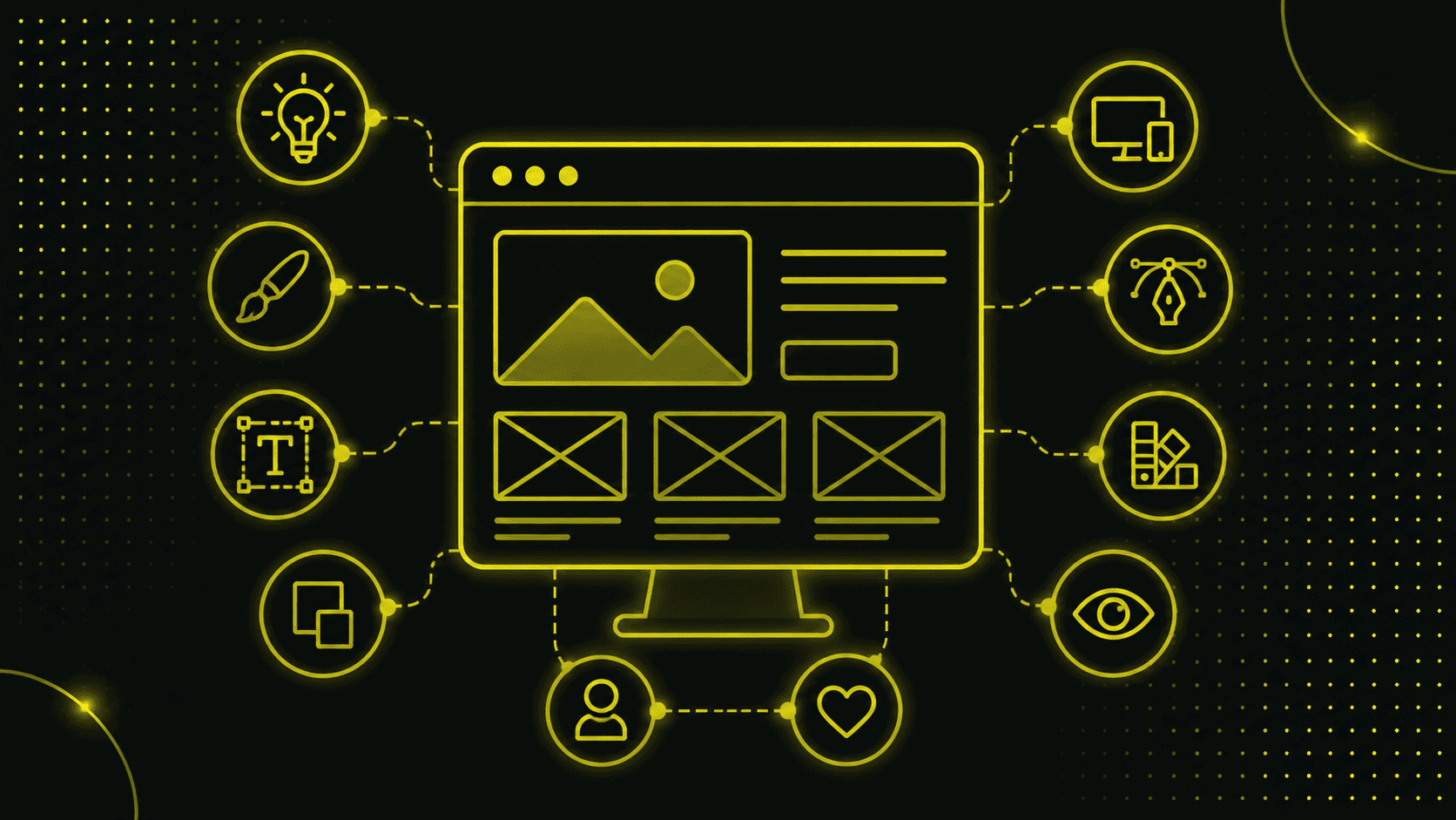 Gelbe Neonsymbole illustrieren verschiedene Webdesign-Elemente und -Werkzeuge, die mit einem zentralen Monitor verbunden sind, der ein Website-Drahtgitter auf einem dunklen Hintergrund zeigt und visuell die Frage beantwortet: Was macht ein Webdesigner?.