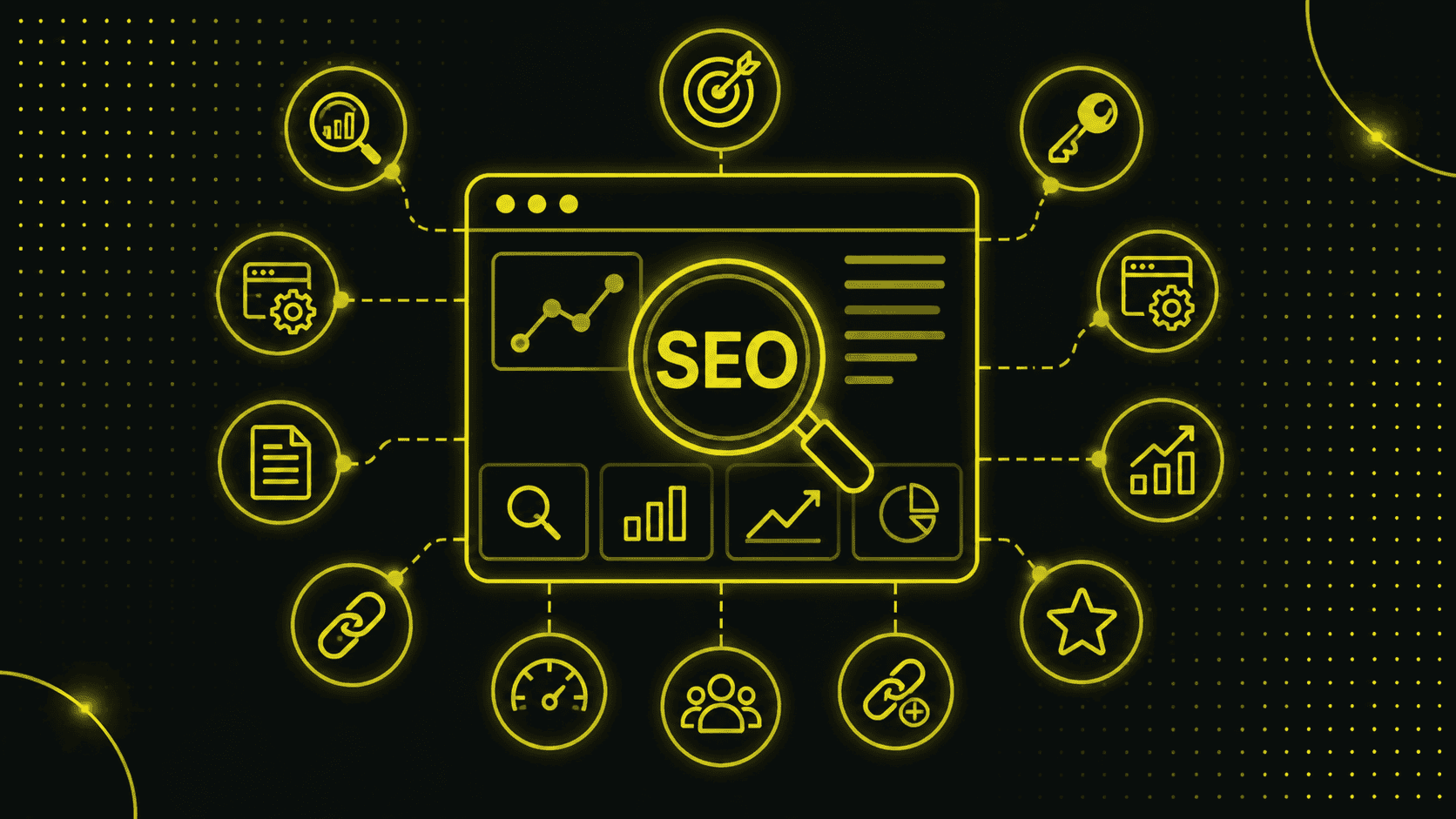 Illustration eines SEO-Dashboards mit miteinander verbundenen Symbolen, die Analysen, Schlüsselwörter, Links, Inhalte und Rankings hervorheben - eine visuelle Antwort auf die Frage "Was macht eine SEO-Agentur", indem wesentliche Elemente für den Online-Erfolg dargestellt werden.