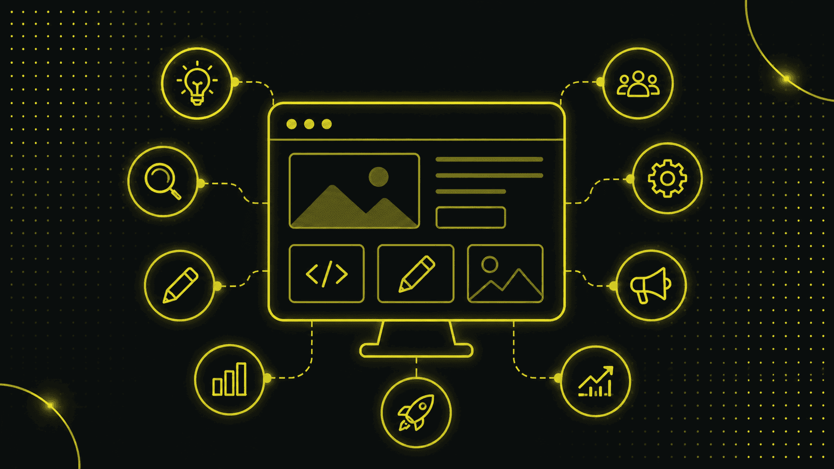 Auf einem Computermonitor wird eine Website-Oberfläche angezeigt, umgeben von Symbolen, die Suche, Ideen, Teamarbeit, Einstellungen, Schreiben, Codierung, Bilder, Marketing, Analysen und Wachstum darstellen - eine Visualisierung von Was macht eine Webagentur.