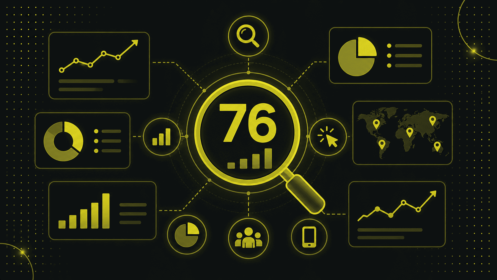 Gelb gefärbtes Dashboard mit einer zentralen Lupe, die die Zahl 76 anzeigt, umgeben von verschiedenen Analyse- und Datendiagrammen, Grafiken und Symbolen auf schwarzem Hintergrund.