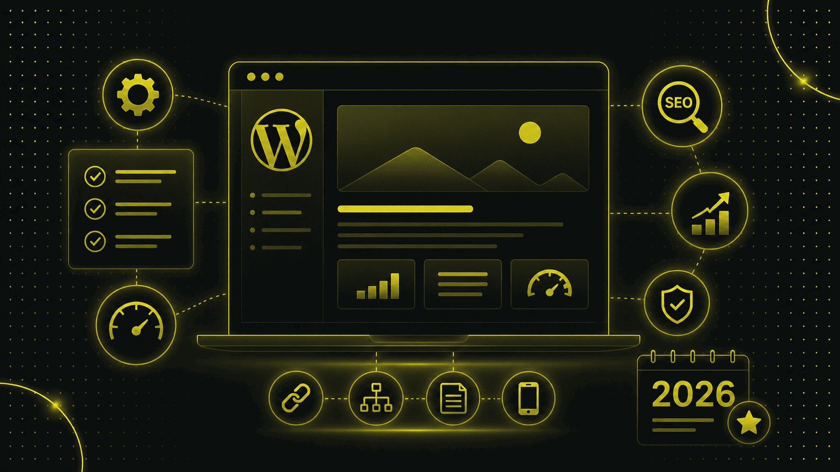 Illustration eines Laptops, auf dem ein WordPress-Dashboard angezeigt wird, umgeben von Symbolen, die WordPress SEO, Analytics, Performance, das Kalenderjahr 2026 und verschiedene Website-Verwaltungstools darstellen.