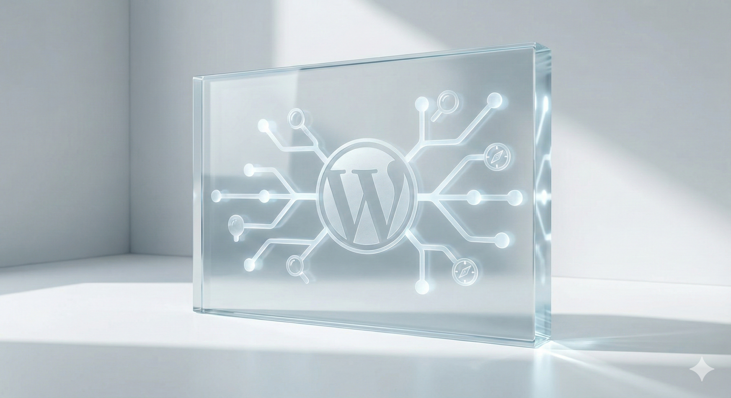 Eine Glastafel zeigt das WordPress-Logo in der Mitte, mit kreisförmigen Linien, die WordPress-Seo symbolisieren und sich nach außen verzweigen, in einer gut beleuchteten, minimalistischen Umgebung.