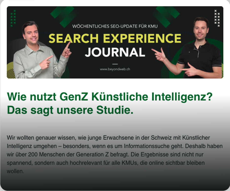 Zwei Männer stehen zu beiden Seiten eines "Search Experience Journal"-Banners. Darunter wird in einem deutschen Text eine Studie über die Nutzung von künstlicher Intelligenz durch die Generation Z in der Schweiz vorgestellt.