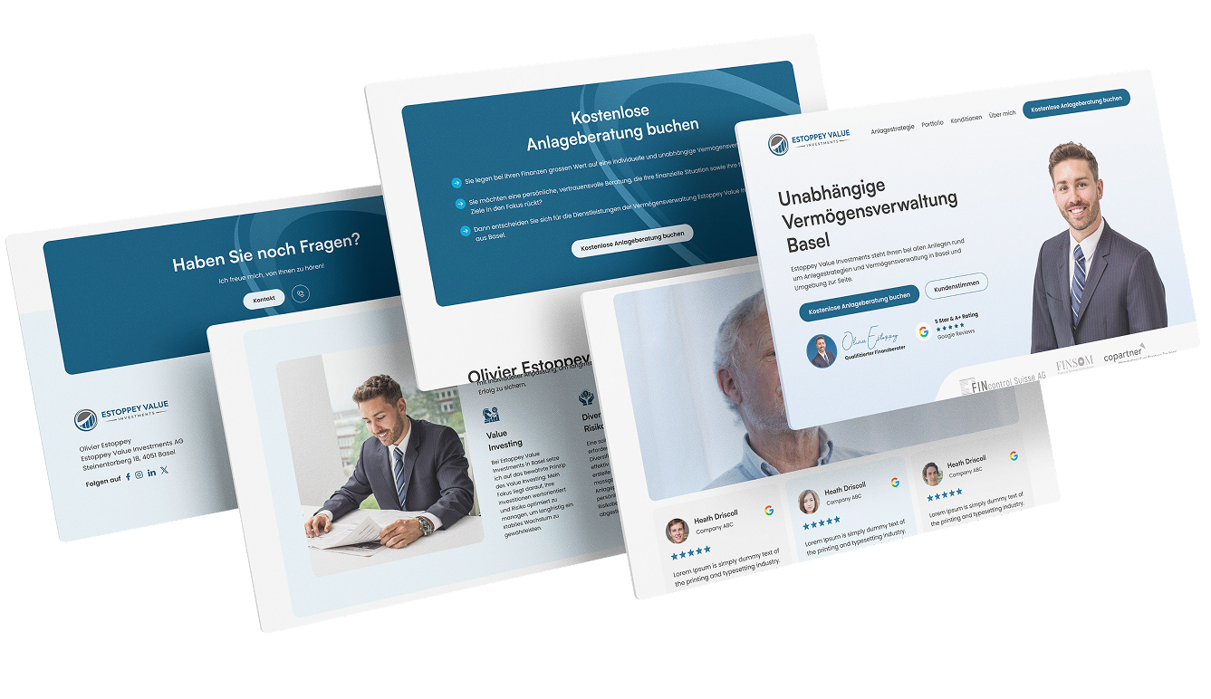 Ein digitales Mockup mit vier Bildschirmen für Finanzberatungsdienste, mit Bildern eines Geschäftsmannes, Dienstleistungsbeschreibungen und Buchungsoptionen für Beratungsgespräche - ideal für alle, die eine Website erstellen lassen möchten.