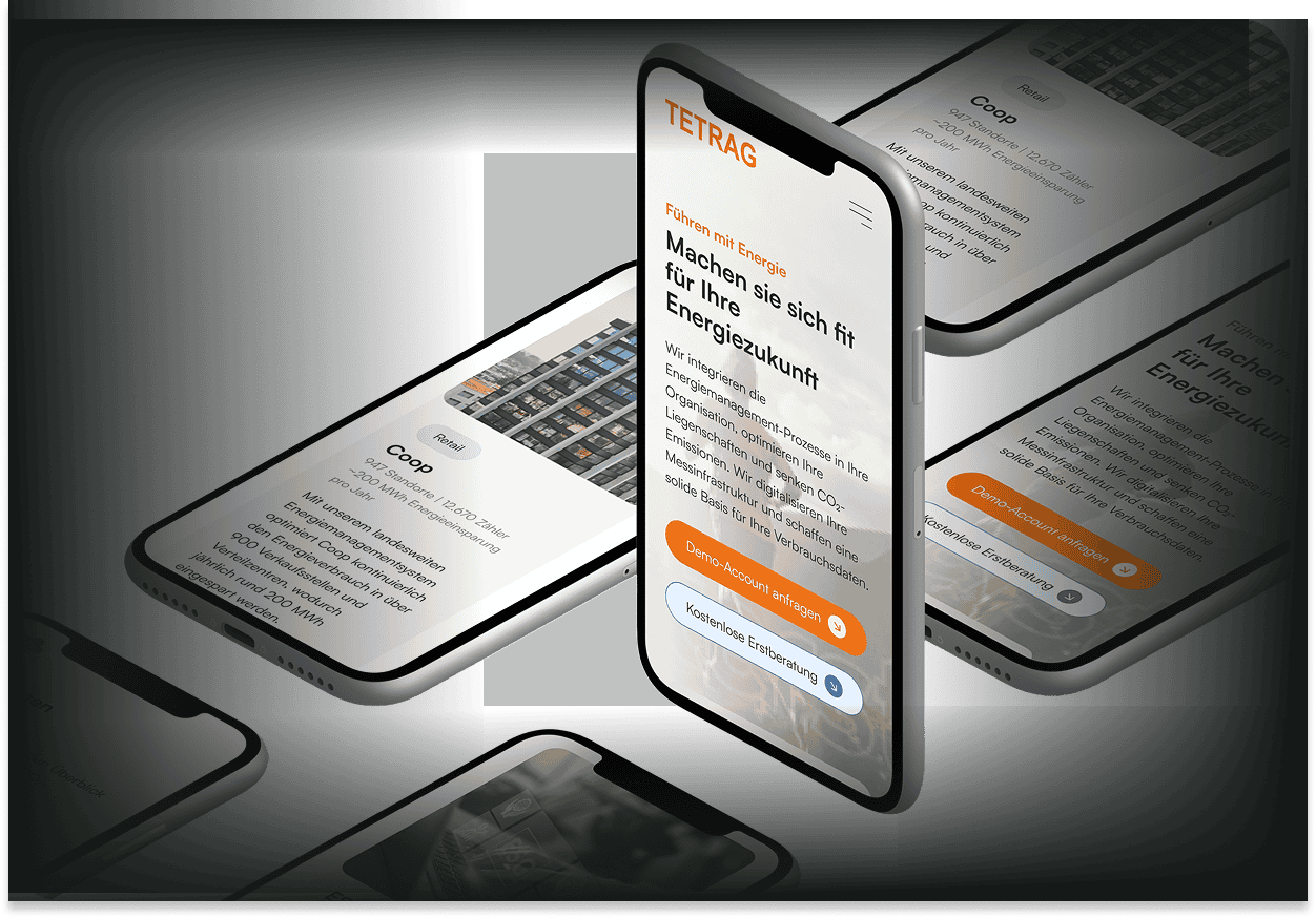 Mehrere Smartphones zeigen eine von der Webagentur Zug gestaltete Website der Energiemonitoring-Firma Tetrag mit Sitz in Rotkreuz in Zug