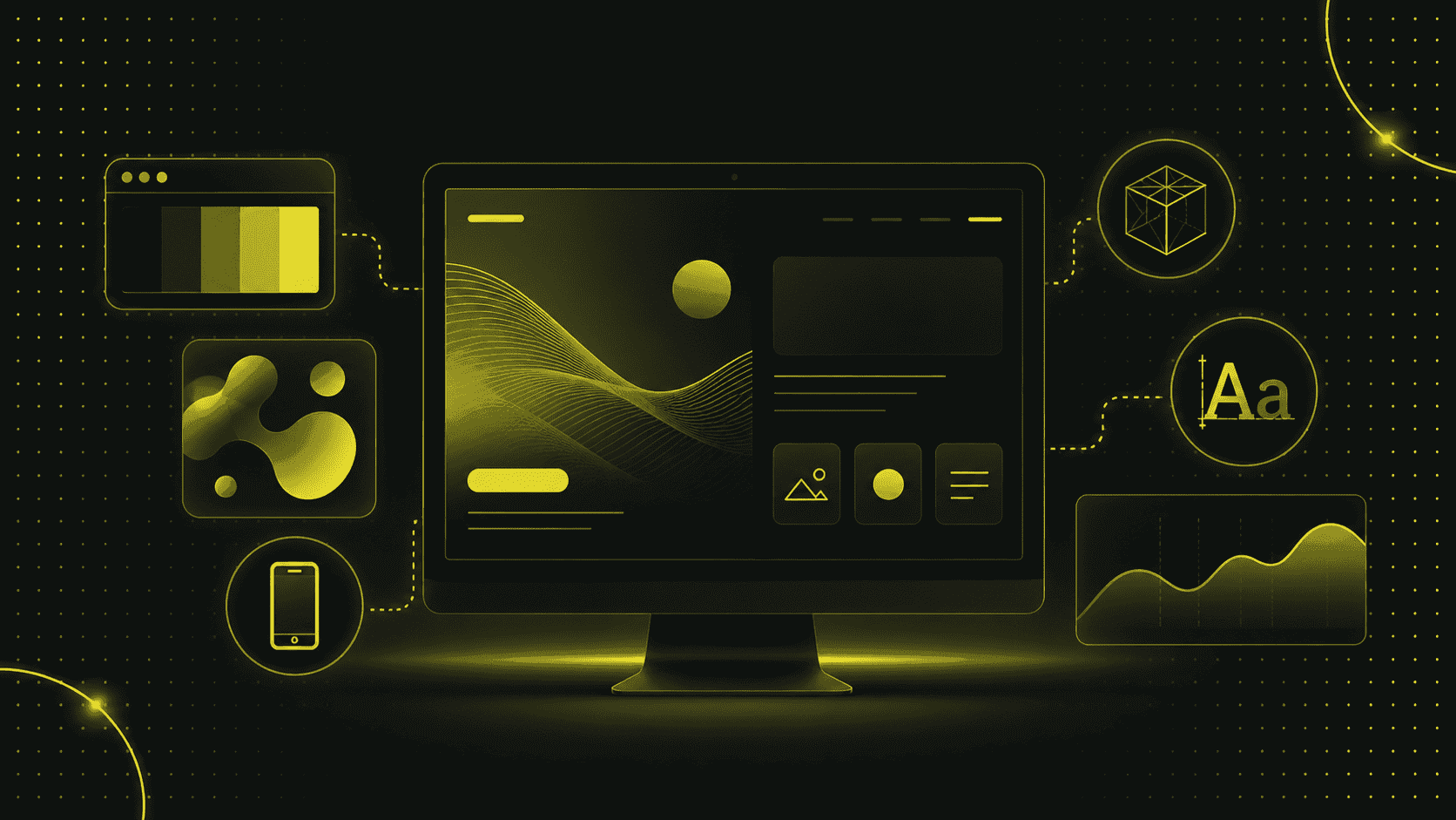 Ein Computermonitor zeigt abstrakte gelbe Grafiken, die die Webdesign Trends 2025 widerspiegeln, umgeben von Symbolen für Farbpaletten, Typografie, Diagramme, mobile Geräte und 3D-Formen auf einem dunklen Hintergrund.