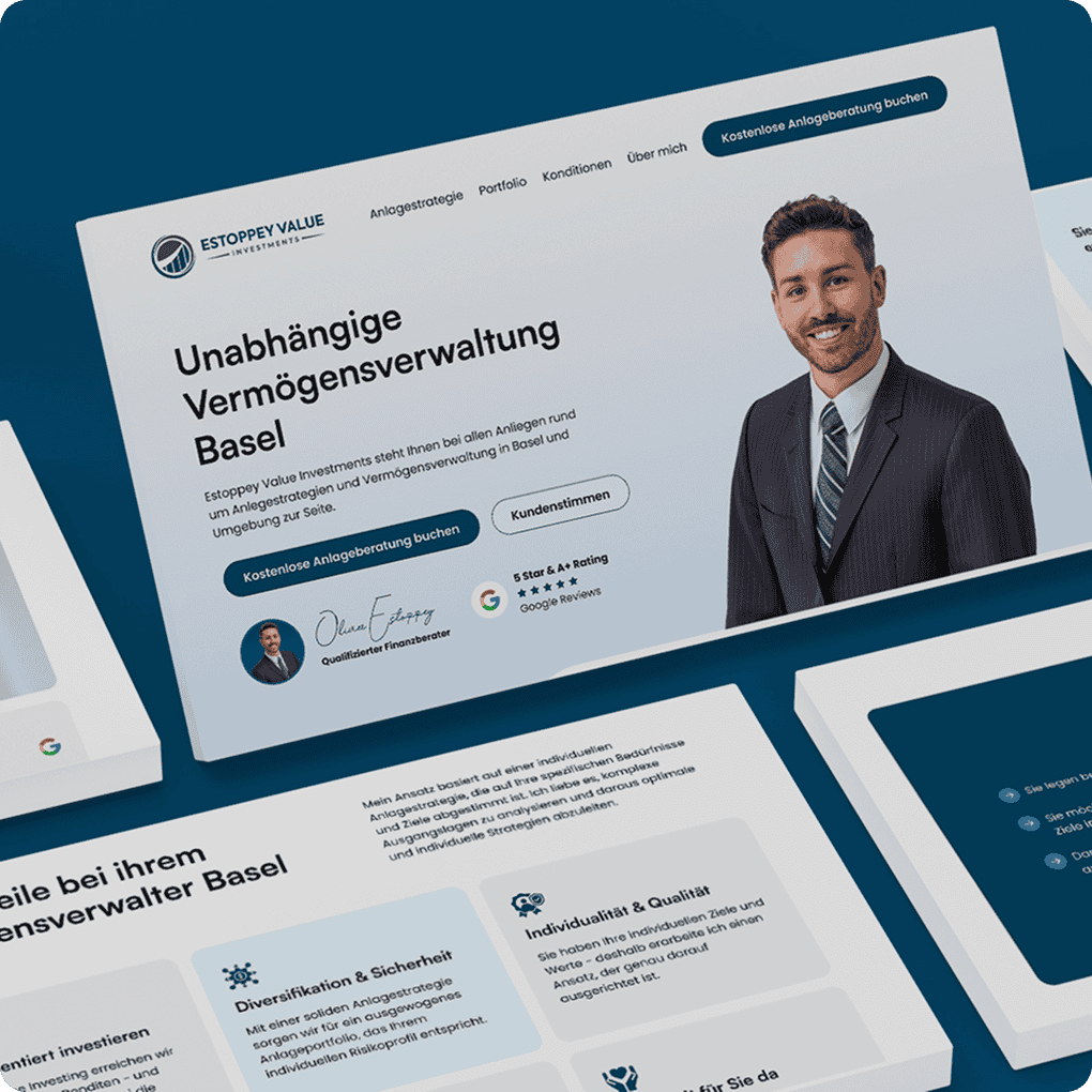 Ein Website-Layout für Estoppey Value zeigt einen Mann im Anzug, Firmenlogo, Navigationsmenü und Serviceinformationen zur unabhängigen Vermögensverwaltung in Basel.