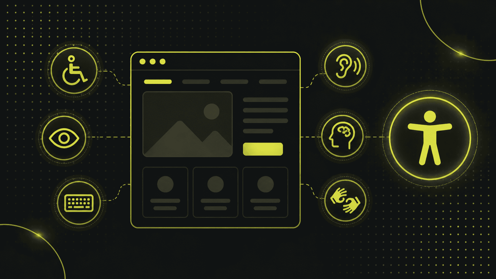Illustration einer Website-Benutzeroberfläche, umgeben von Symbolen für Mobilität, Sehen, Hören, kognitive Fähigkeiten, Tastatur und Zeichensprache.