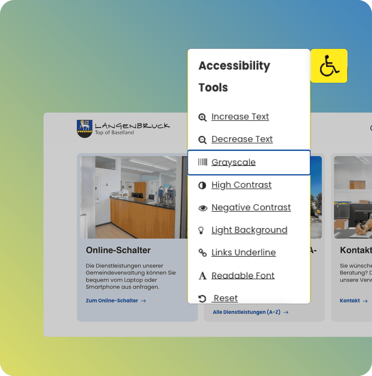 Ein Menü für die Barrierefreiheit einer Website ist geöffnet und zeigt Optionen wie Graustufen, Text vergrößern und Hoher Kontrast über einer Webseite mit Servicekarten und einem Hintergrund mit Farbverlauf an - perfekt für alle, die eine Website erstellen lassen möchten, um den Aspekt der Inklusion zu berücksichtigen.