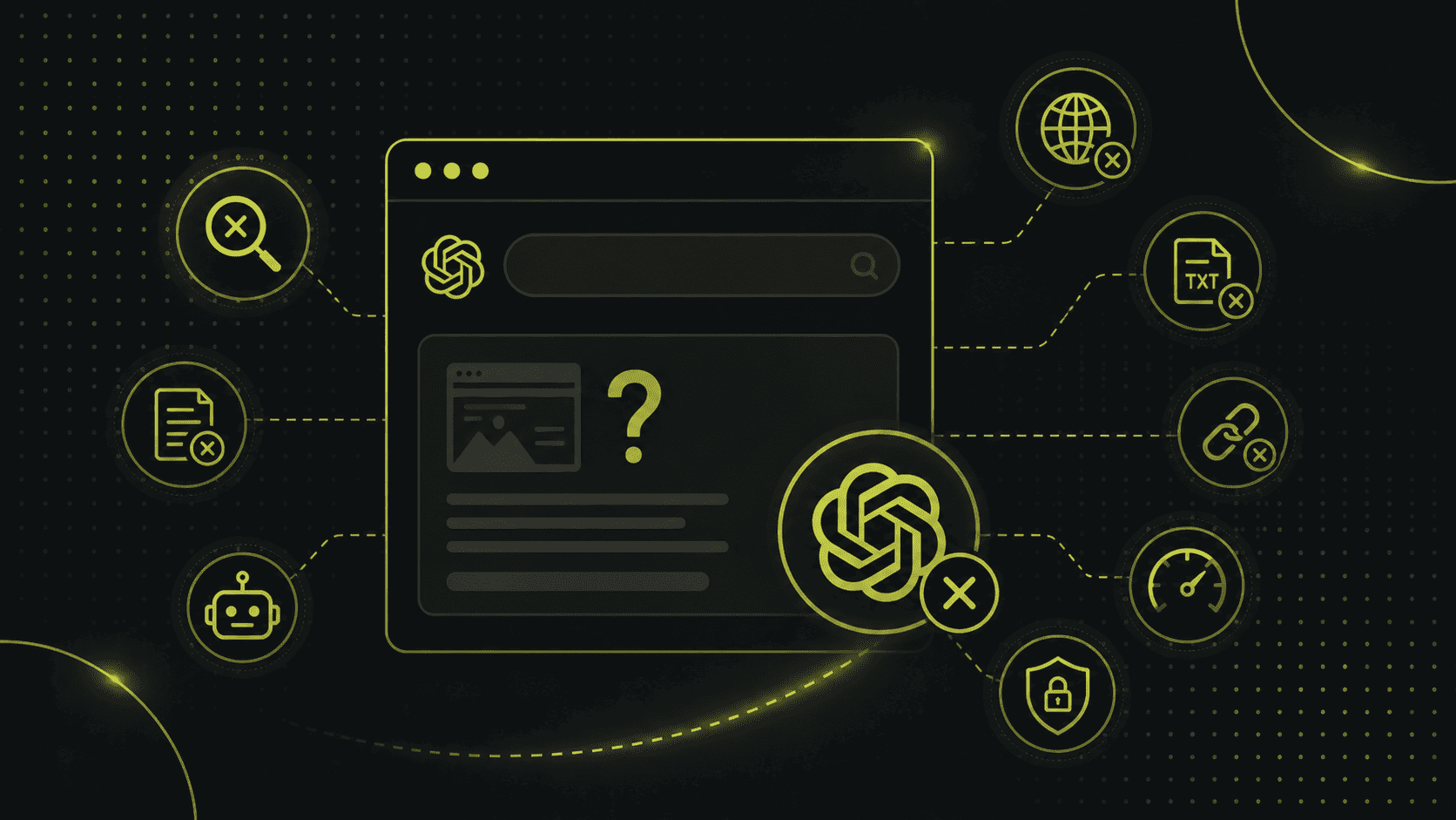 Eine digitale Illustration eines Webbrowser-Fensters mit dem OpenAI-Logo, umgeben von Symbolen für Internet, Text, Links, Sicherheit und Automatisierung, die durch Linien verbunden sind.