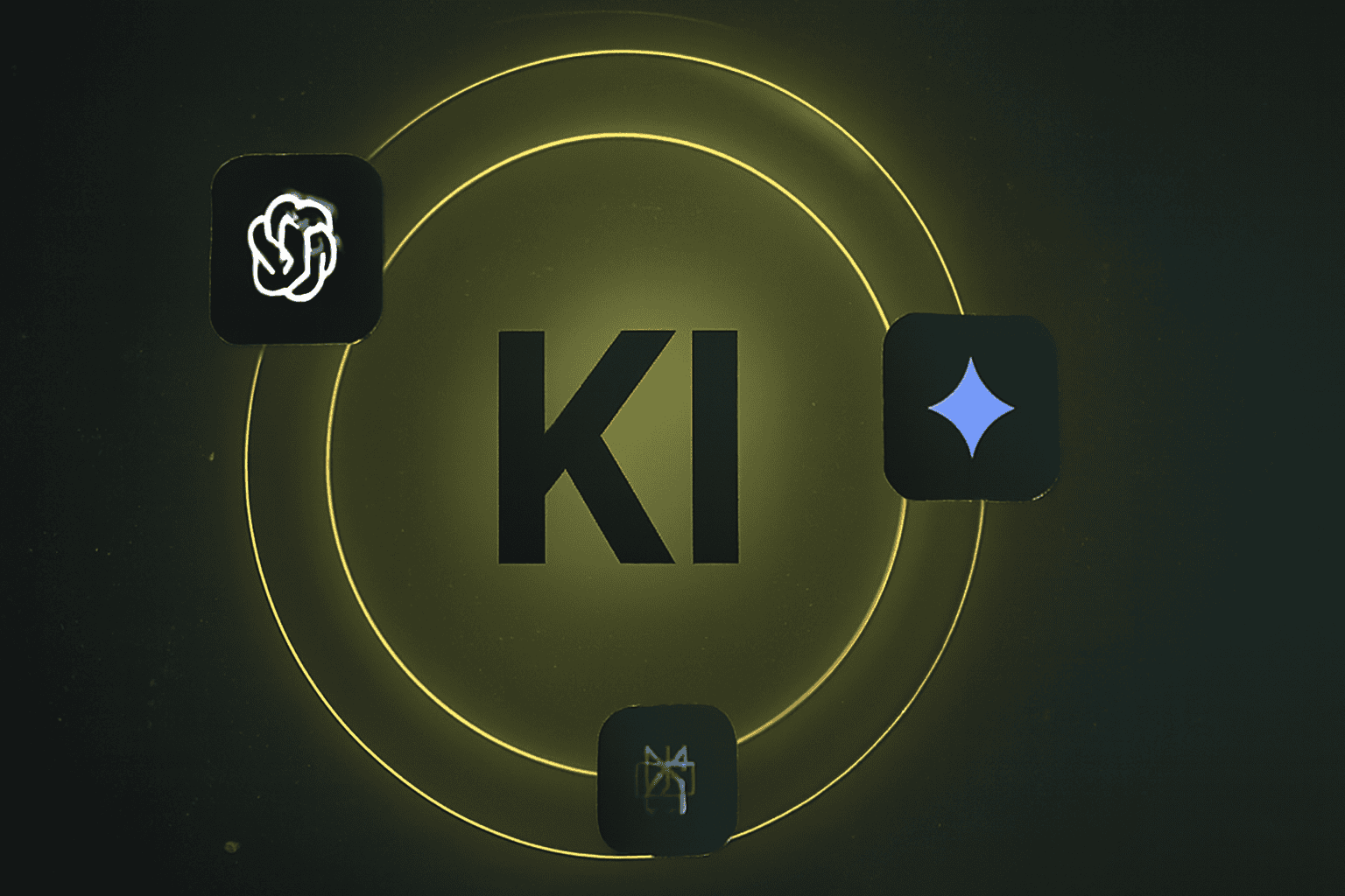 Eine Grafik mit "KI" in der Mitte, umgeben von drei durch gelbe Ringe verbundenen Symbolen auf dunkelgrünem Hintergrund.