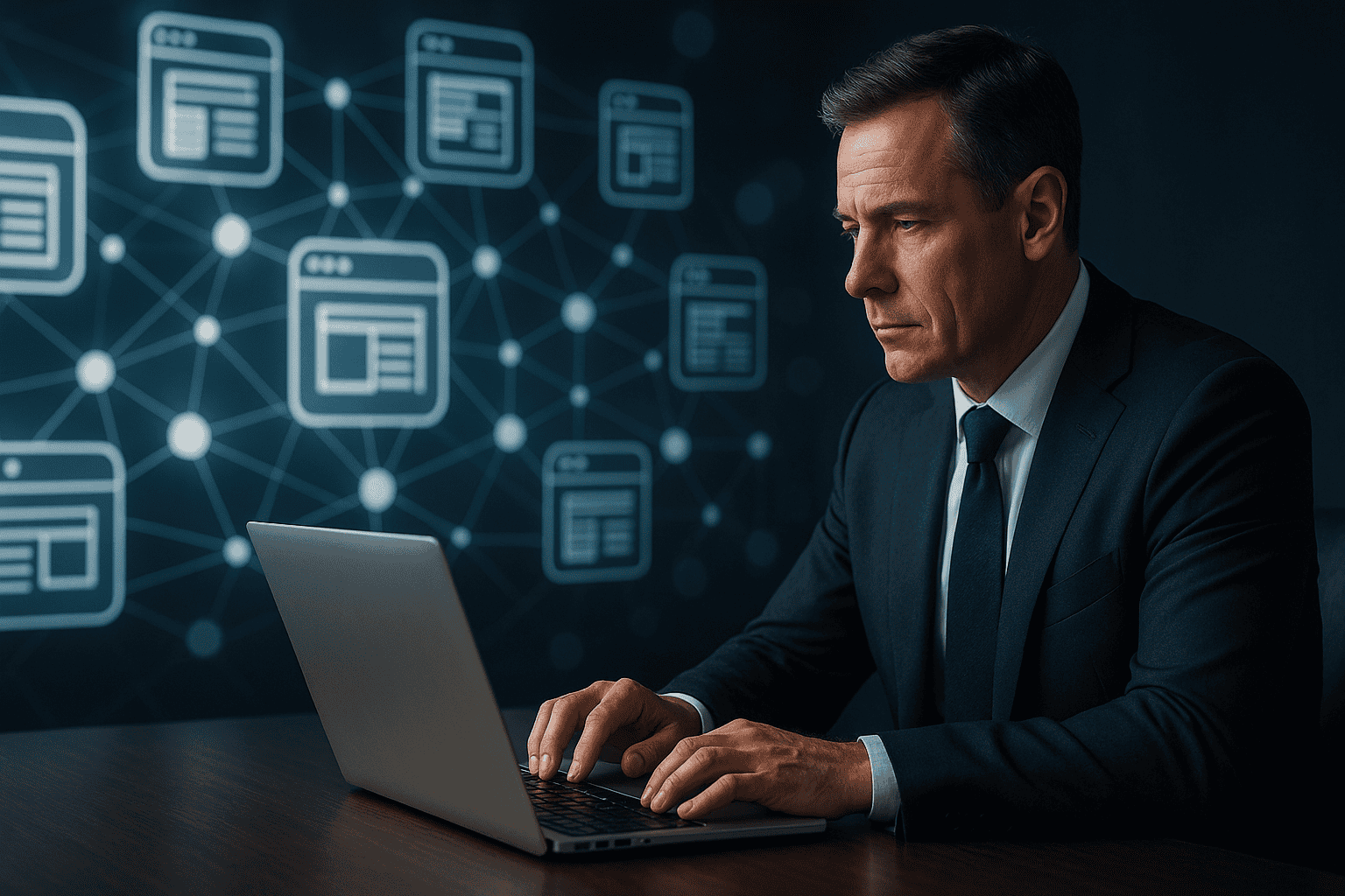 Ein Mann im Anzug arbeitet an einem Laptop an einem Schreibtisch, während an der Wand hinter ihm ein Netzwerkdiagramm mit verbundenen Webseiten angezeigt wird.