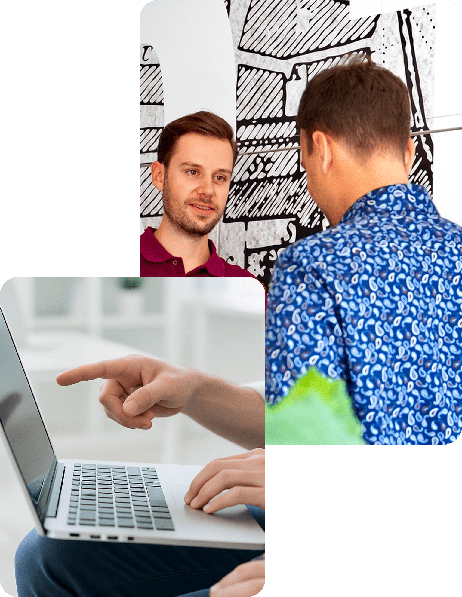 Zwei Männer unterhalten sich an einer Wand mit schwarz-weissem Kunstwerk; darunter zeigt eine Hand der Content Agentur Basel auf einen Laptop-Bildschirm.