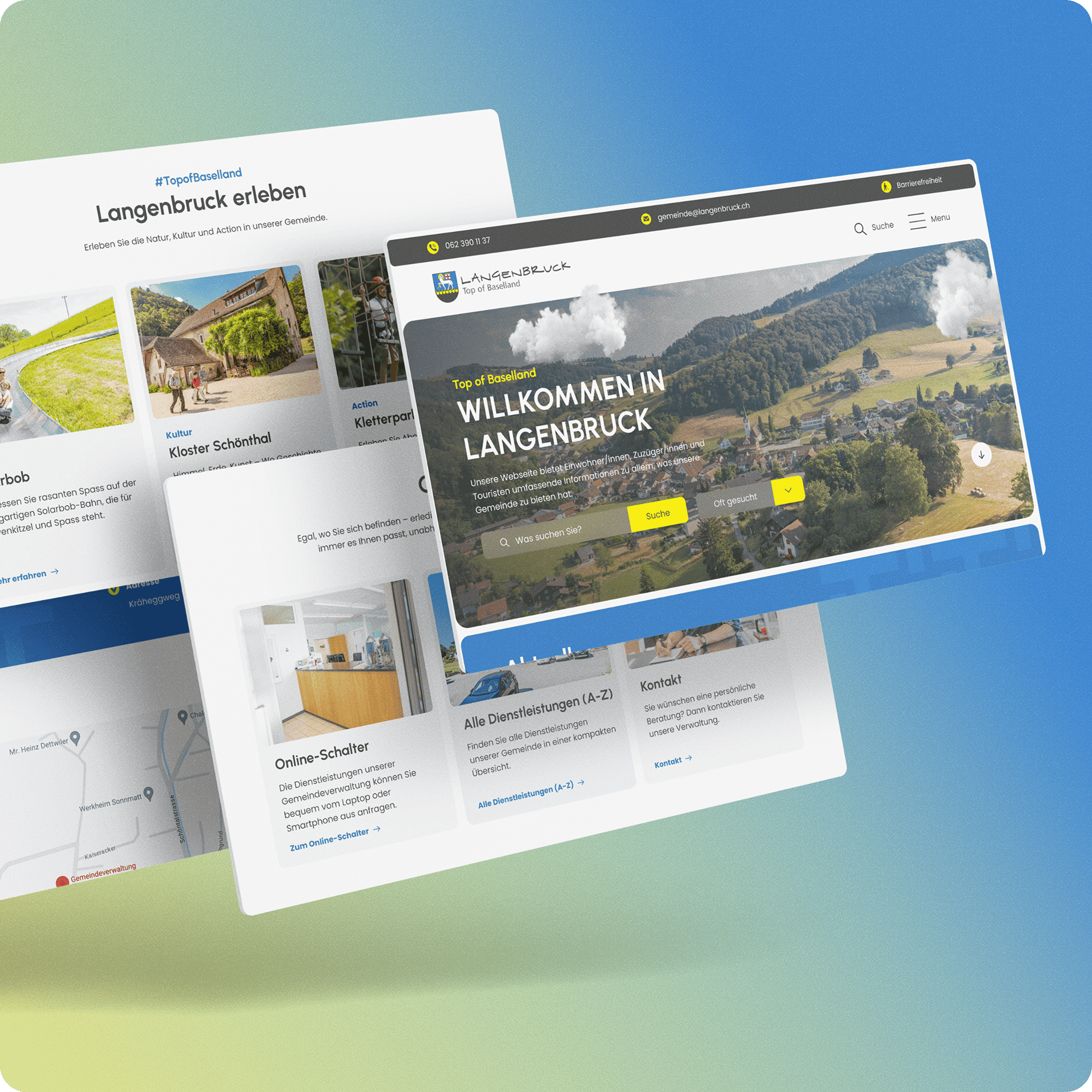 Ein digitales Mockup zeigt eine Tourismus-Website für Langenbruck mit landschaftlichen Fotos, lokalen Sehenswürdigkeiten, Unterkunftsmöglichkeiten und Navigationsmenüs auf einem blauen Hintergrund mit Farbverlauf - die perfekte Inspiration, wenn Sie eine Website erstellen lassen wollen.