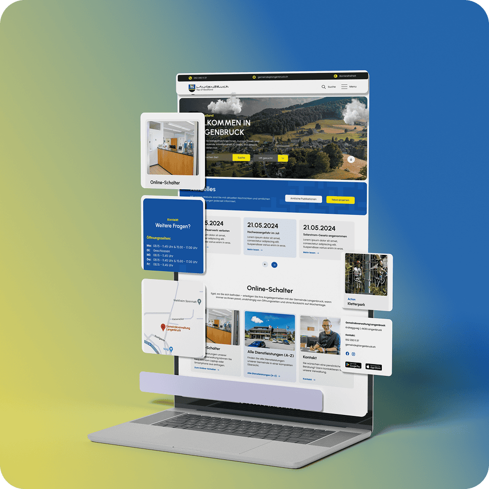 Ein 3D-gerenderter Laptop zeigt eine städtische Website mit Bereichen für Veranstaltungen, Online-Dienste, Karten und Kontakte vor einem Hintergrund mit gelb-blauem Farbverlauf - eine ideale Inspiration für alle, die eine Website erstellen lassen möchten.