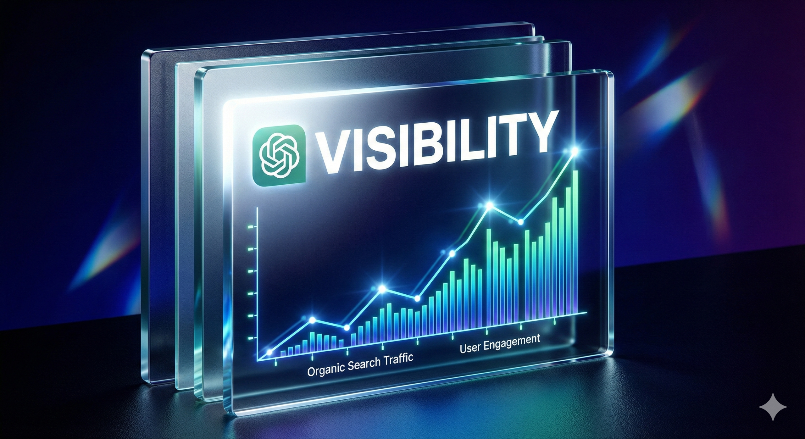 Ein digitales Display zeigt das Wort "VISIBILITY" über einem leuchtenden Balken- und Liniendiagramm mit den Bezeichnungen "Organic Search Traffic" und "User Engagement" auf einem dunklen Hintergrund.